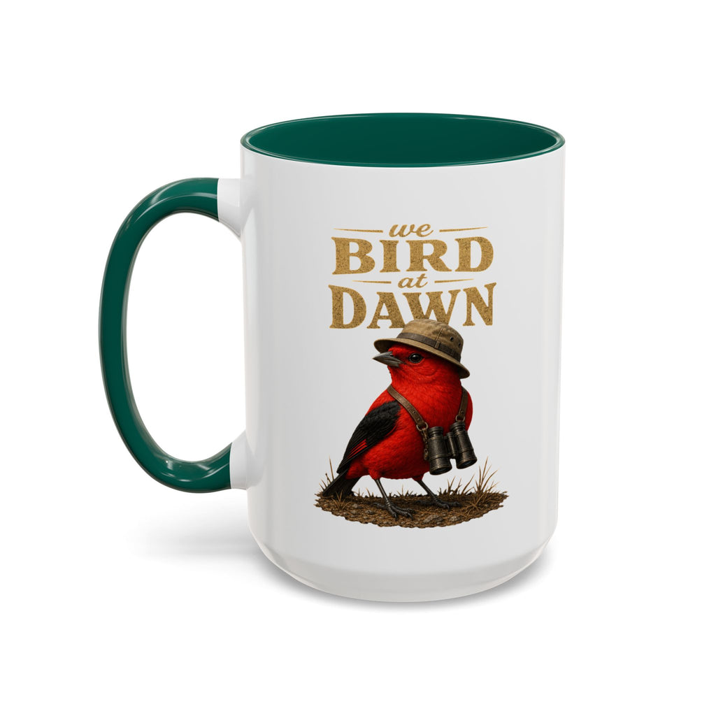 Birdwatcher Coffee Mug — "We Bird at Dawn" Illustrated Scarlet Tanager Mug (11oz/15oz)