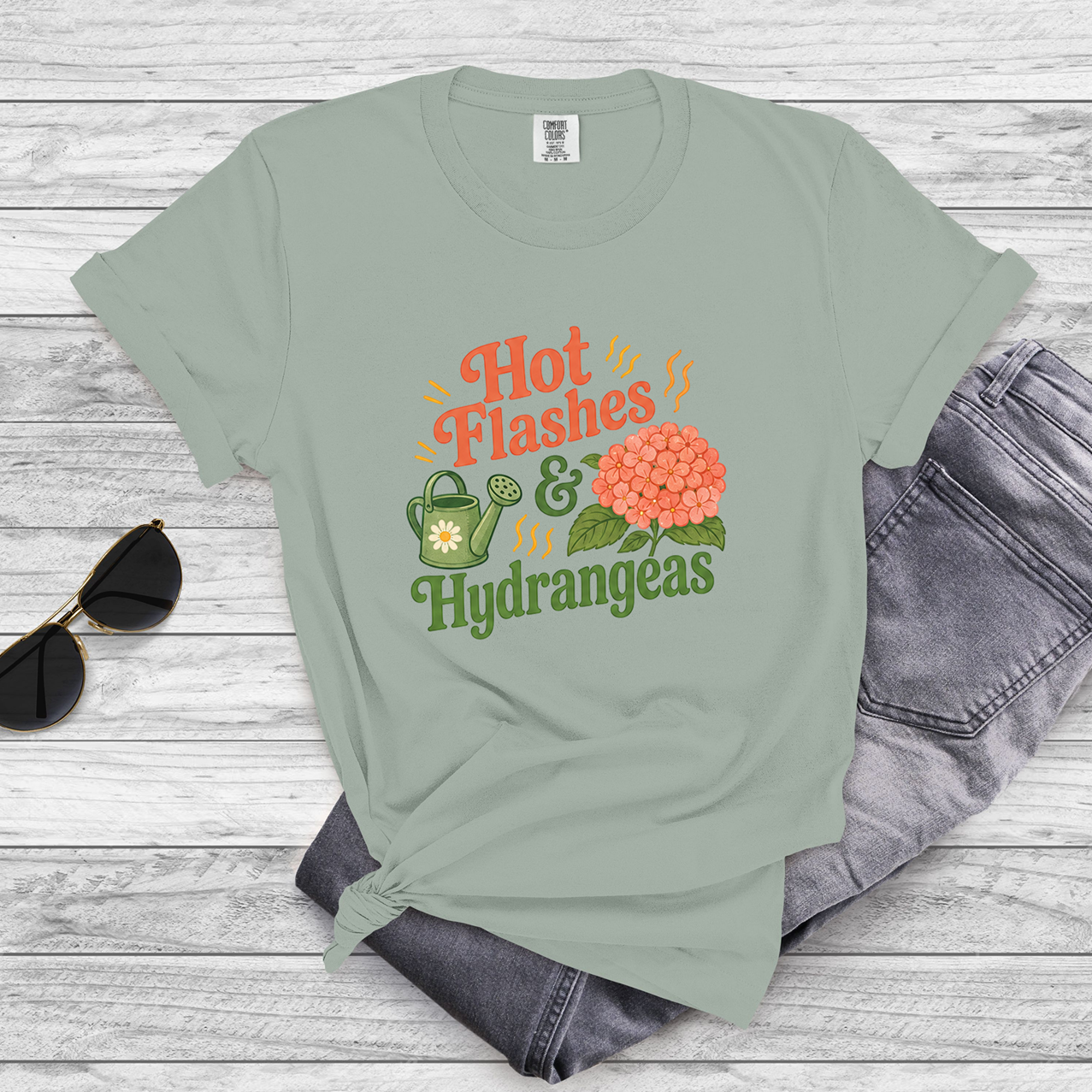 Hot Flashes and Hydrangeas Gardening Humor Tee for Women 40+