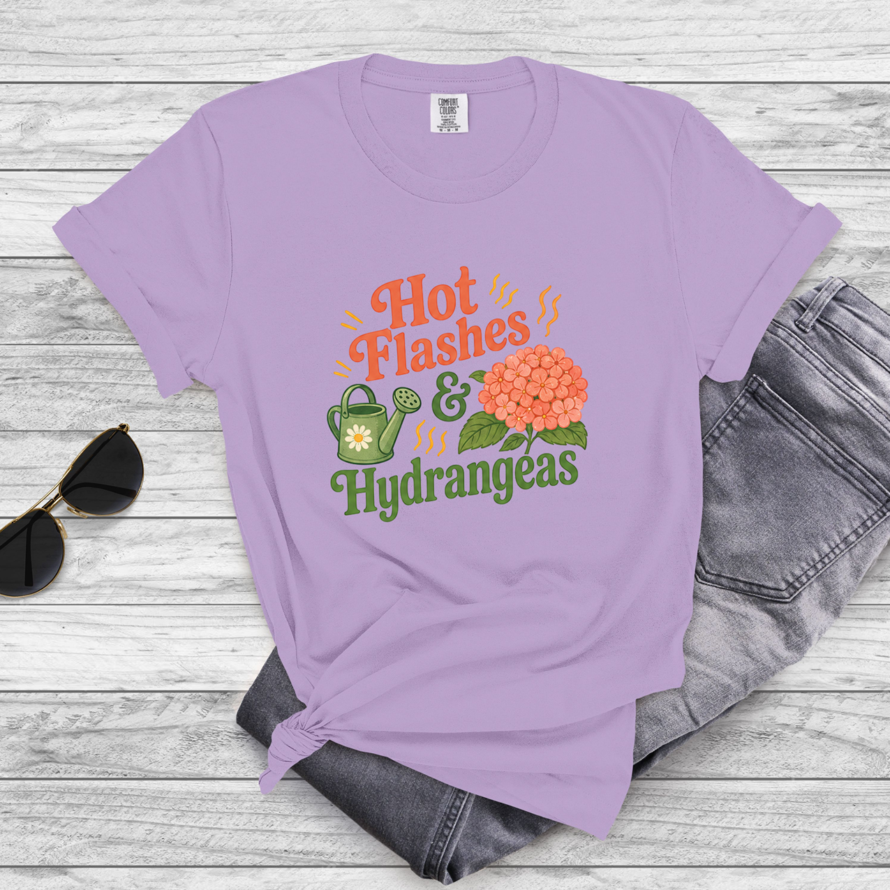 Hot Flashes and Hydrangeas Gardening Humor Tee for Women 40+