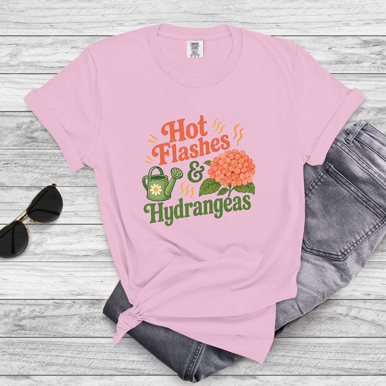 Hot Flashes and Hydrangeas Gardening Humor Tee for Women 40+