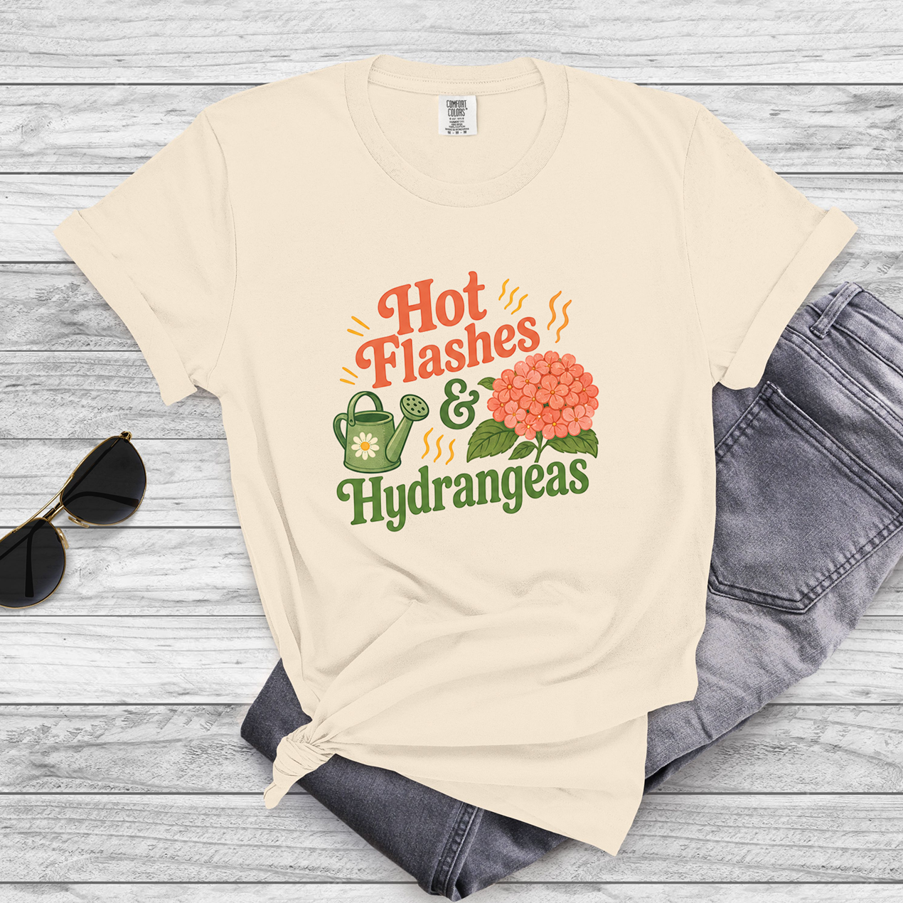 Hot Flashes and Hydrangeas Gardening Humor Tee for Women 40+