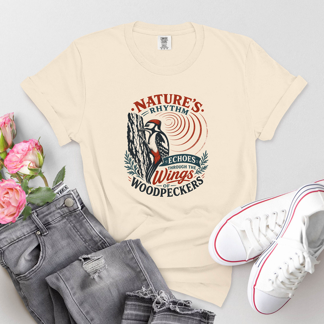 Woodpecker Nature T-Shirt — "Nature's Rhythm Echoes on Wings" Birdwatching Tee