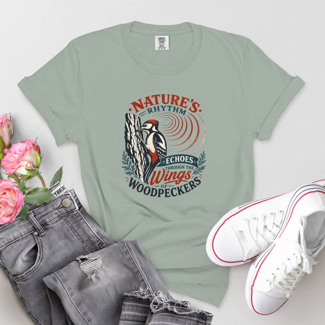 Woodpecker Nature T-Shirt — "Nature's Rhythm Echoes on Wings" Birdwatching Tee