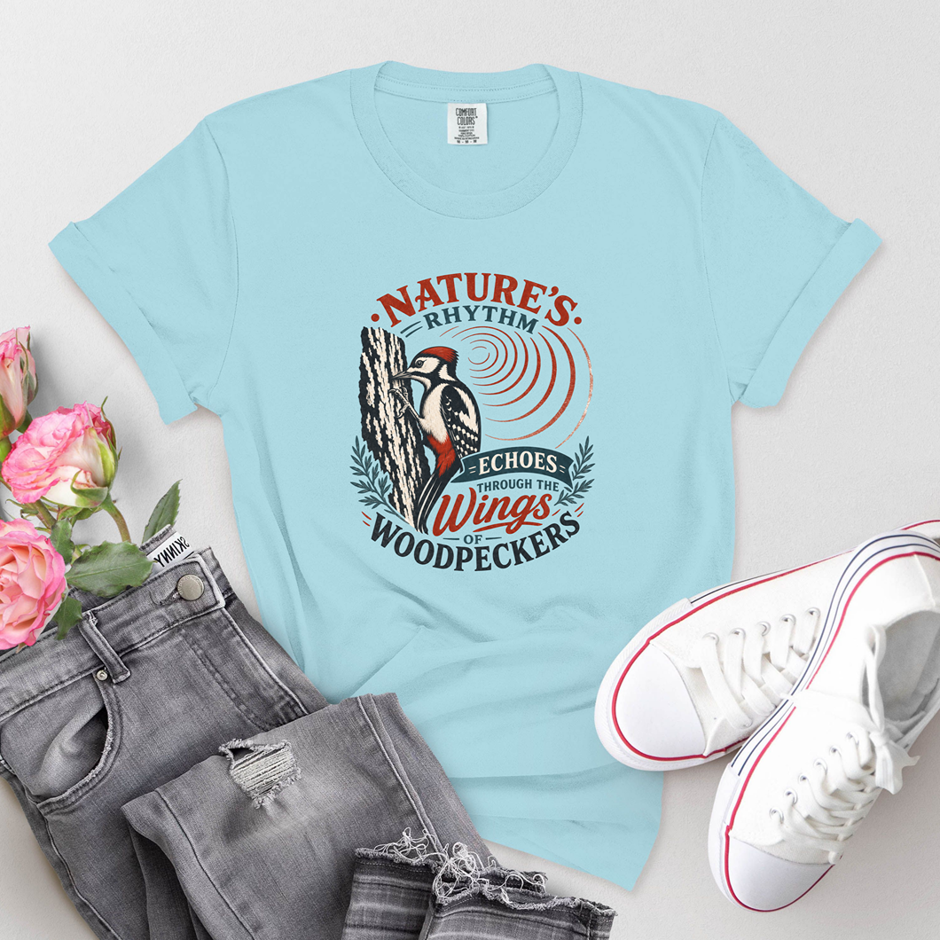 Woodpecker Nature T-Shirt — "Nature's Rhythm Echoes on Wings" Birdwatching Tee