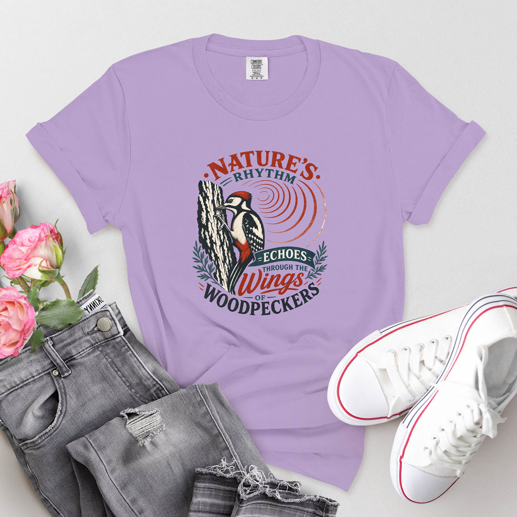 Woodpecker Nature T-Shirt — "Nature's Rhythm Echoes on Wings" Birdwatching Tee