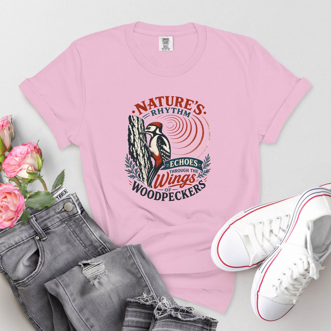 Woodpecker Nature T-Shirt — "Nature's Rhythm Echoes on Wings" Birdwatching Tee