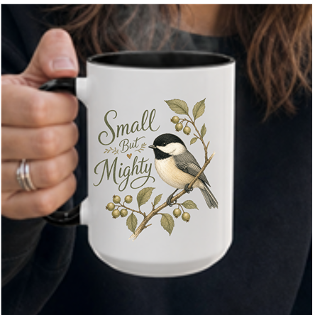 Small But Mighty Chickadee Mug — Vintage Bird Illustration Birdwatcher Coffee Cup