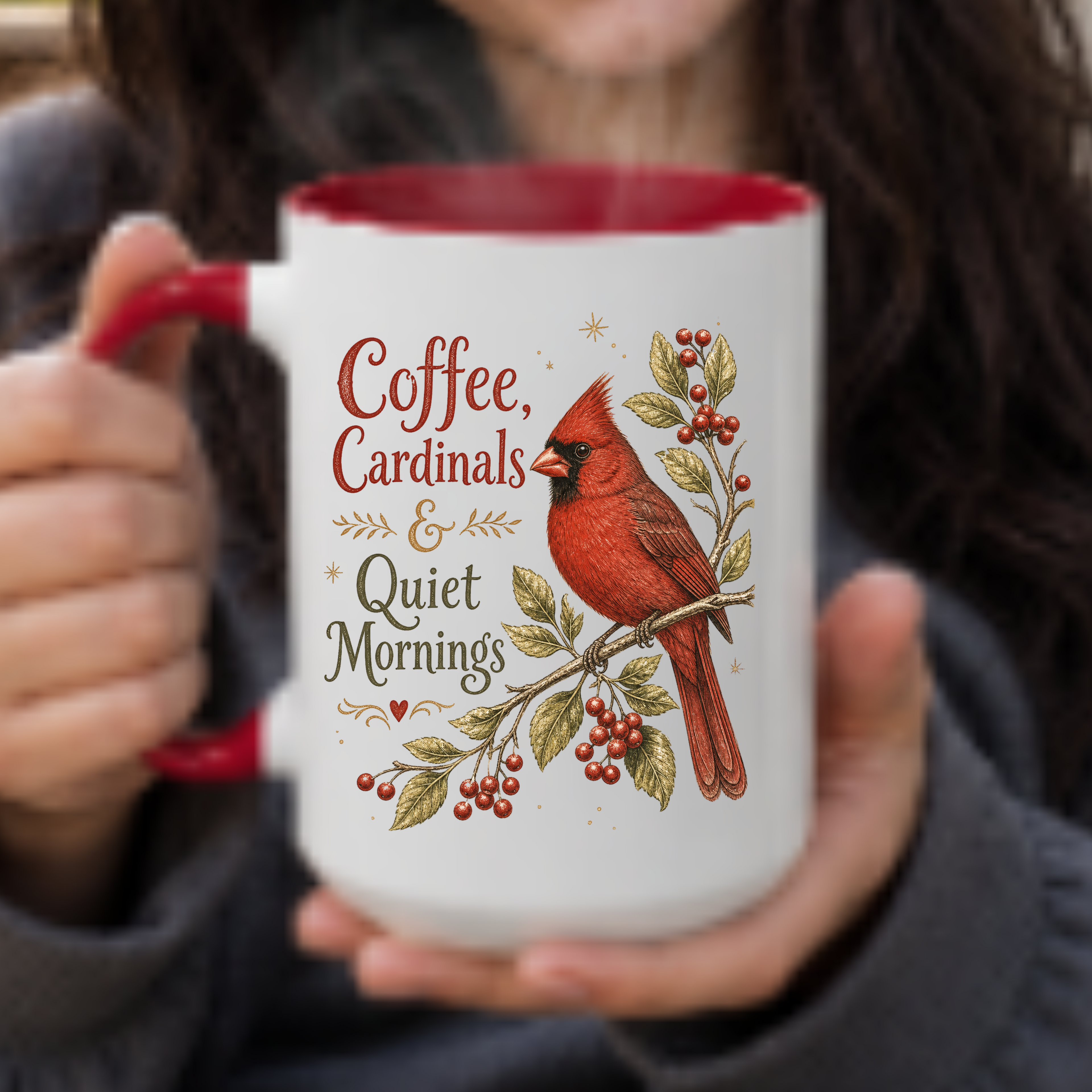 Coffee, Cardinals & Quiet Mornings Mug — Vintage Cardinal Illustration Birdwatcher Coffee Cup
