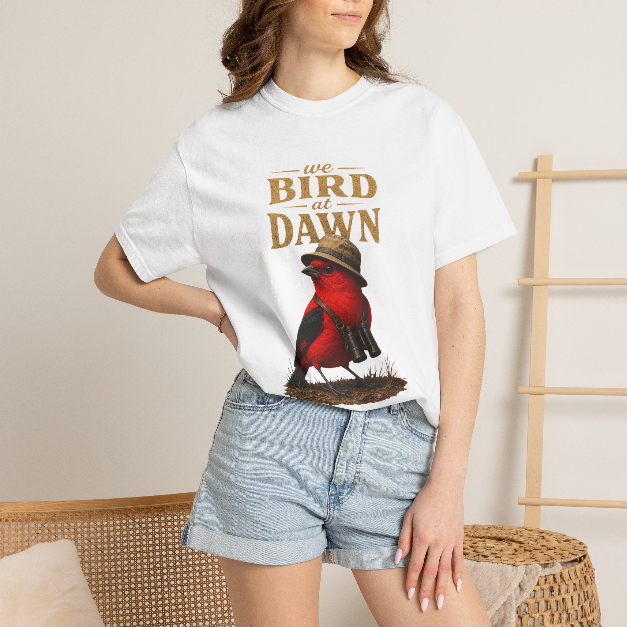 We Bird at Dawn T-Shirt — Vintage Red Scarlet Tanager Bird Graphic Tee