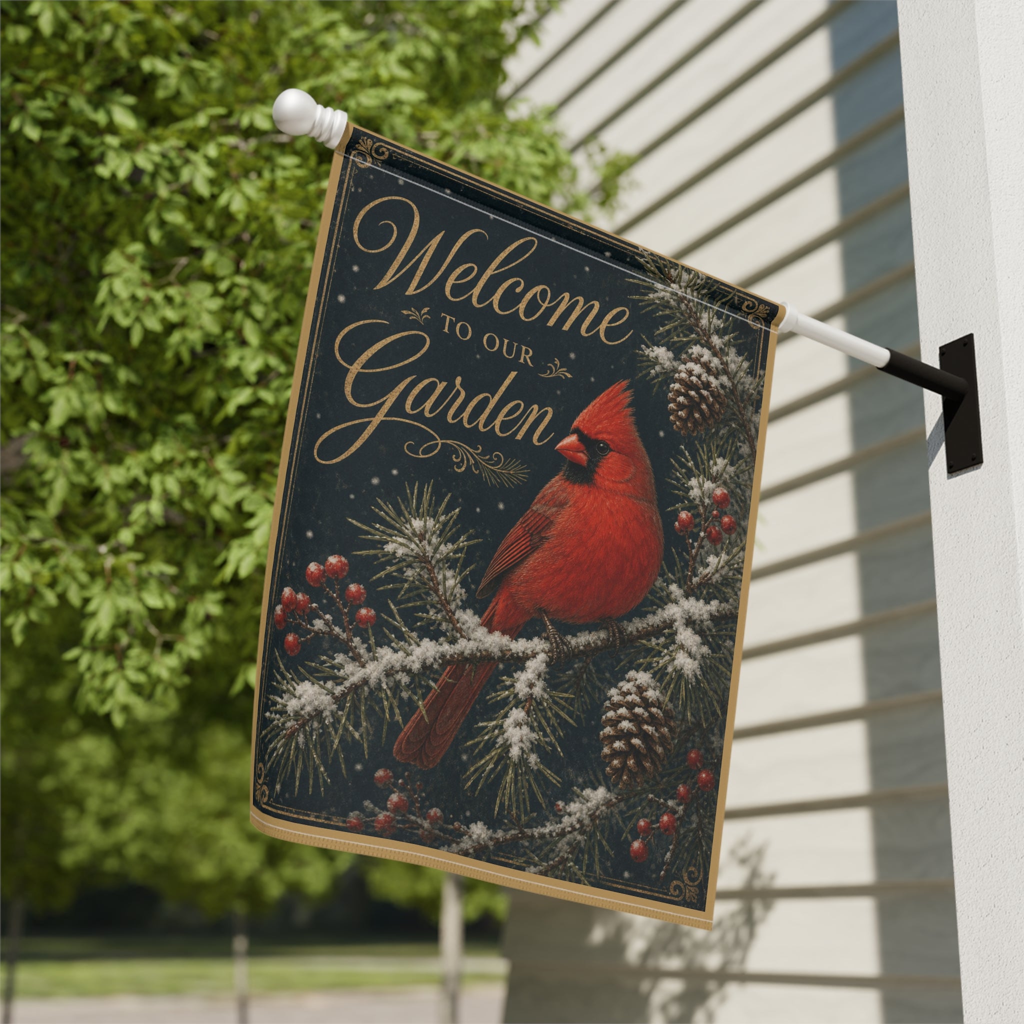 Cardinal "Welcome to Our Garden" Garden Flag — Vintage Nature Illustration Yard Decor