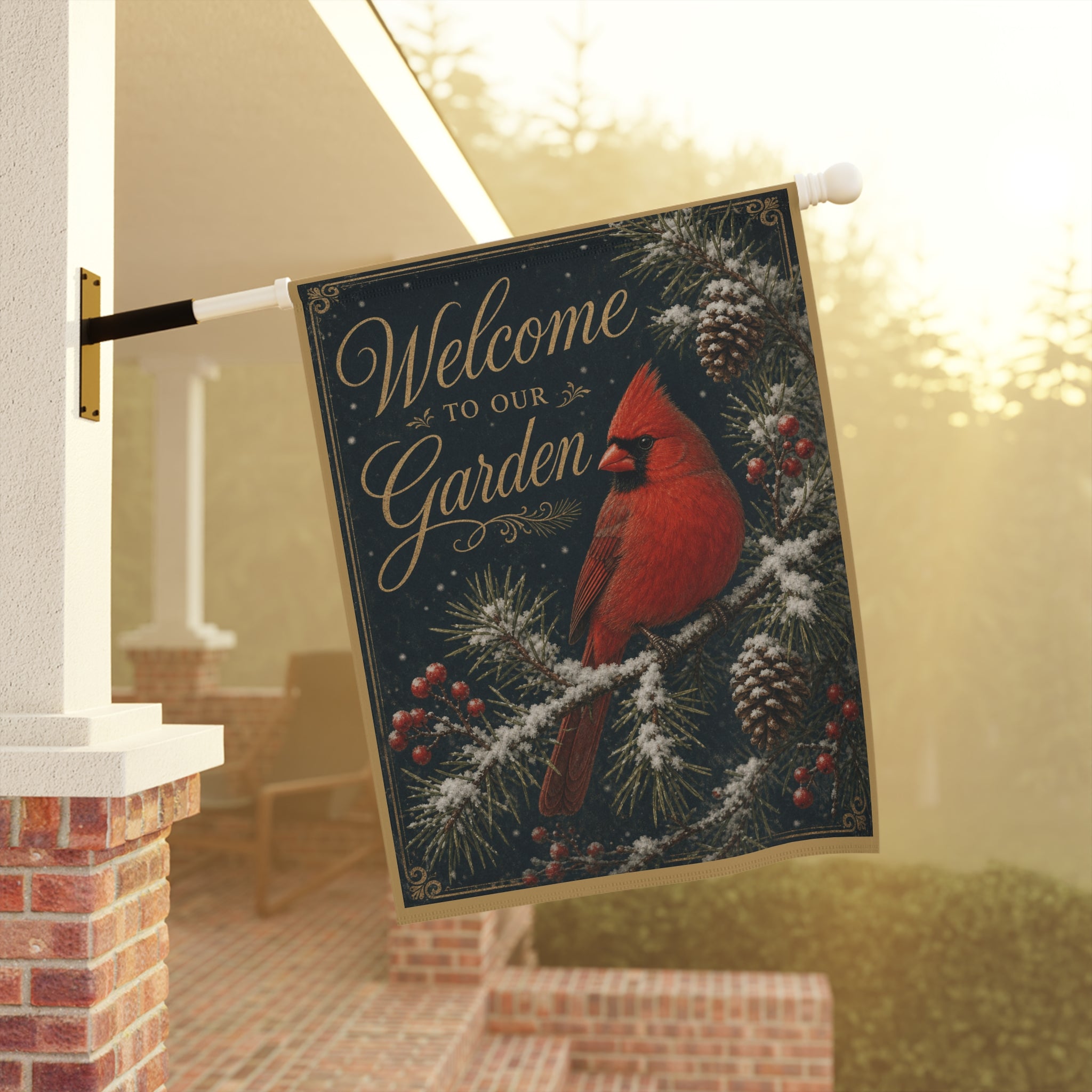 Cardinal "Welcome to Our Garden" Garden Flag — Vintage Nature Illustration Yard Decor