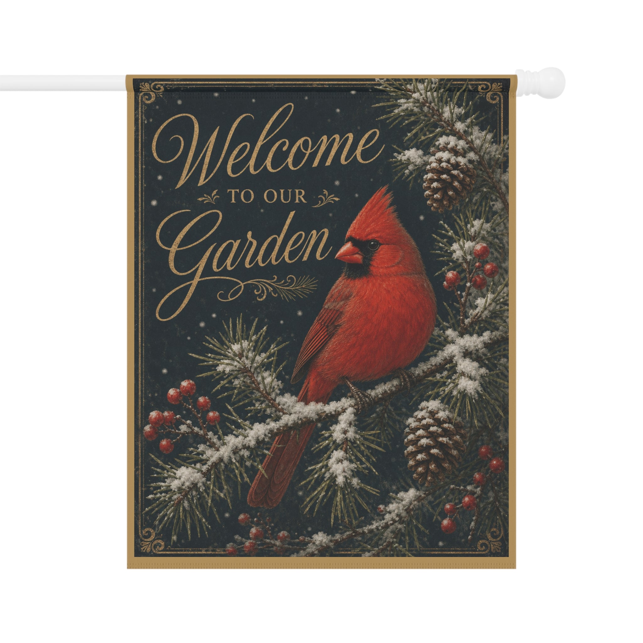 Cardinal "Welcome to Our Garden" Garden Flag — Vintage Nature Illustration Yard Decor