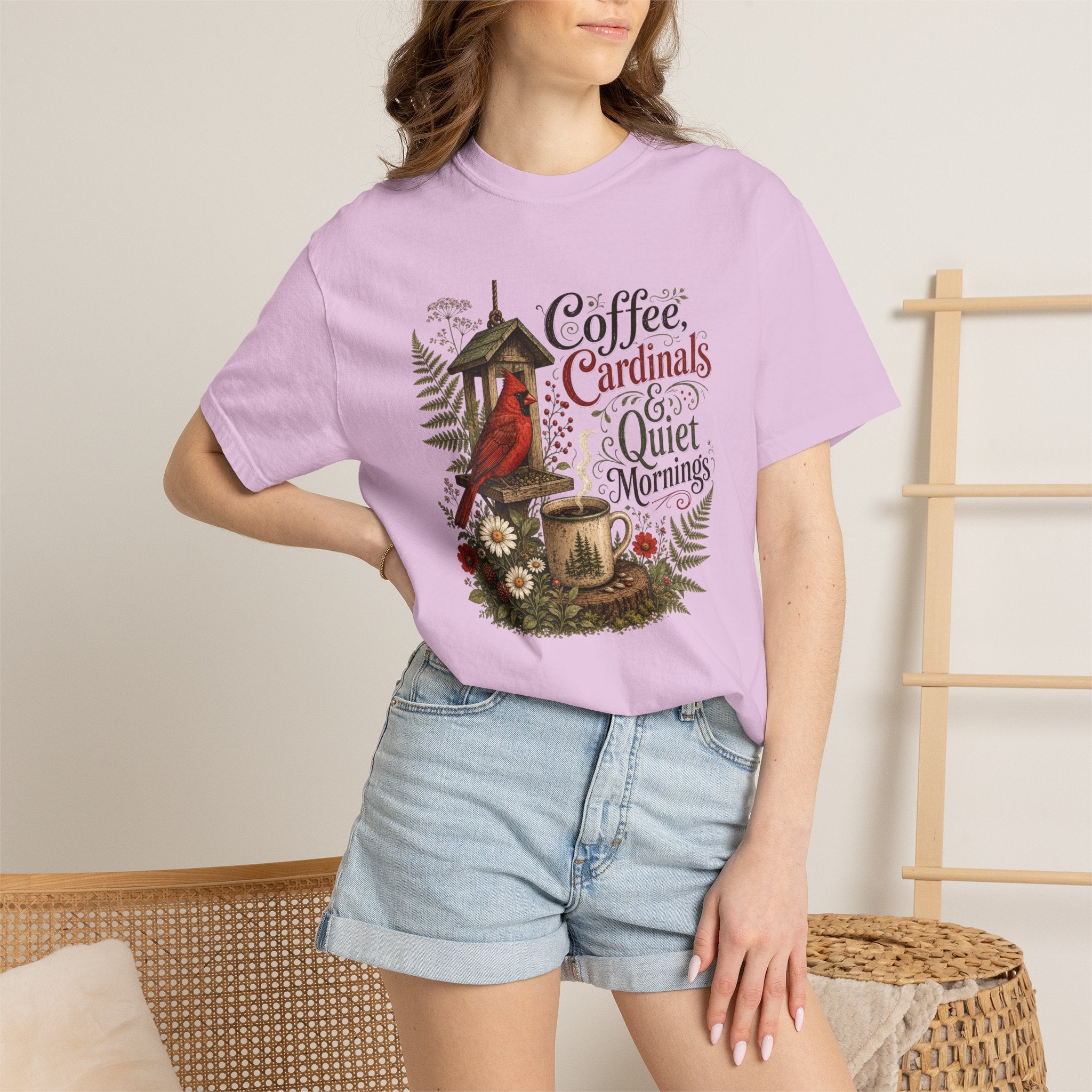 Coffee Cardinal T-Shirt — "Coffee, Cardinal, and Quiet Mornings" Birdwatching Tee