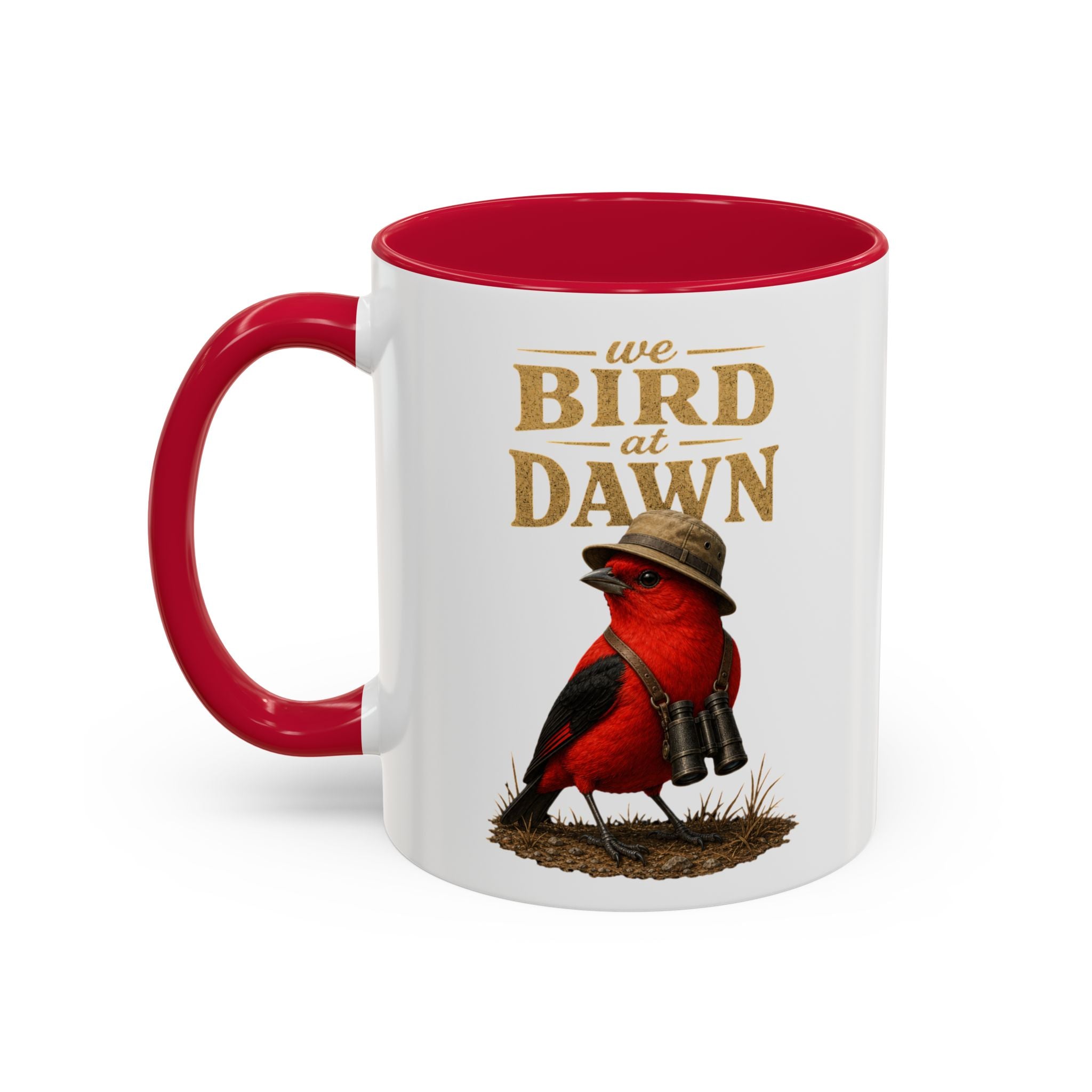 Birdwatcher Coffee Mug — "We Bird at Dawn" Illustrated Scarlet Tanager Mug (11oz/15oz)
