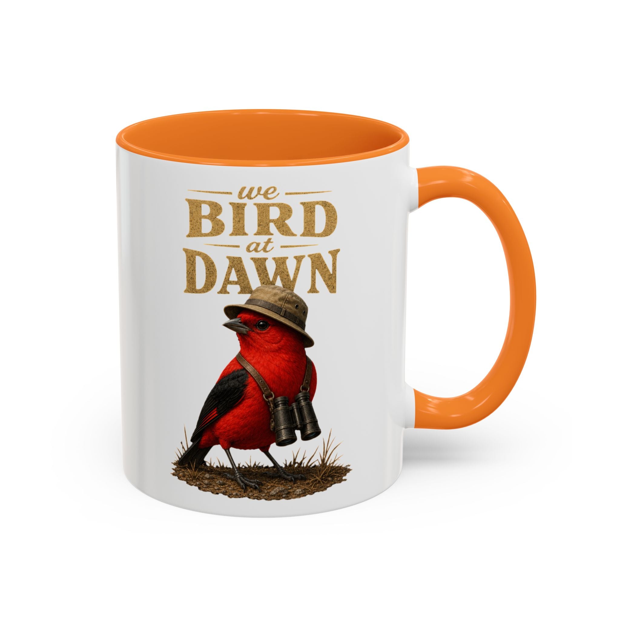 Birdwatcher Coffee Mug — "We Bird at Dawn" Illustrated Scarlet Tanager Mug (11oz/15oz)