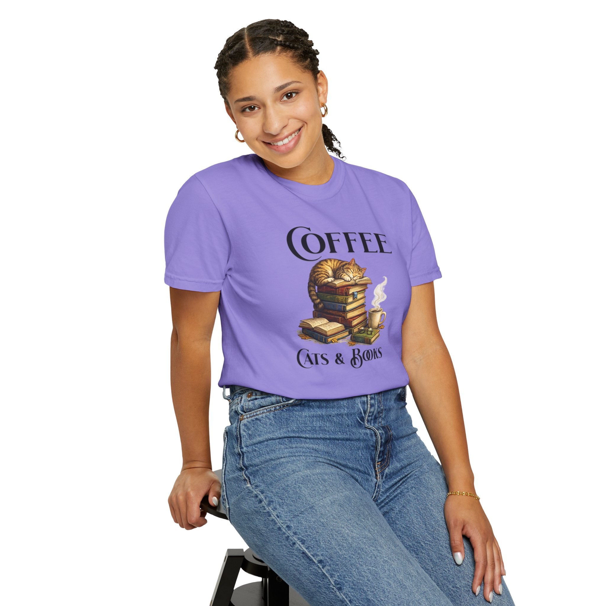 Coffee, Cats & Books T-Shirt — Cozy Booklover Tee