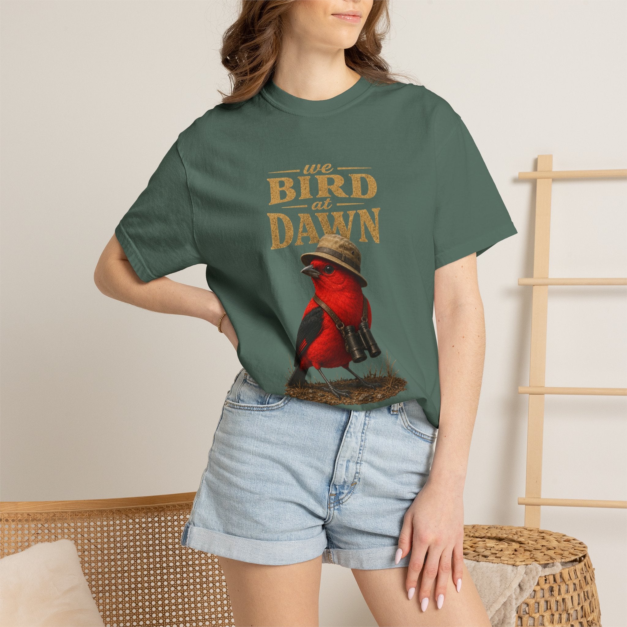 We Bird at Dawn T-Shirt — Vintage Red Scarlet Tanager Bird Graphic Tee