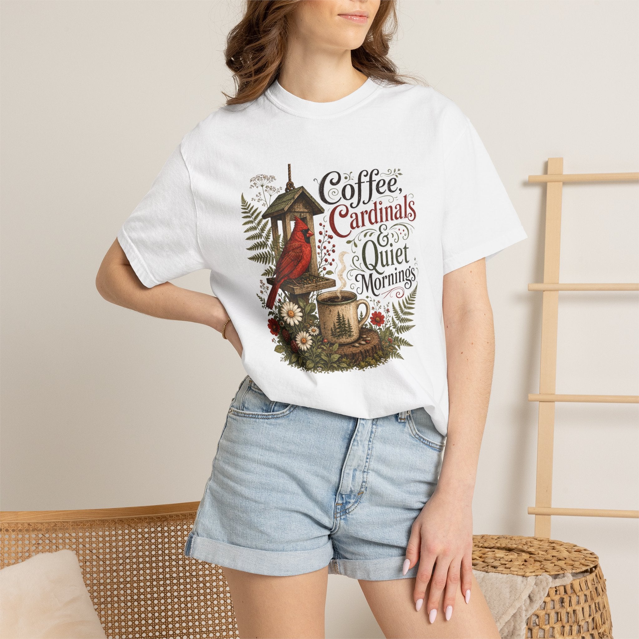 Coffee Cardinal T-Shirt — "Coffee, Cardinal, and Quiet Mornings" Birdwatching Tee