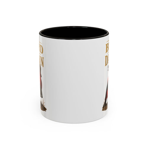 Birdwatcher Coffee Mug — "We Bird at Dawn" Illustrated Scarlet Tanager Mug (11oz/15oz)