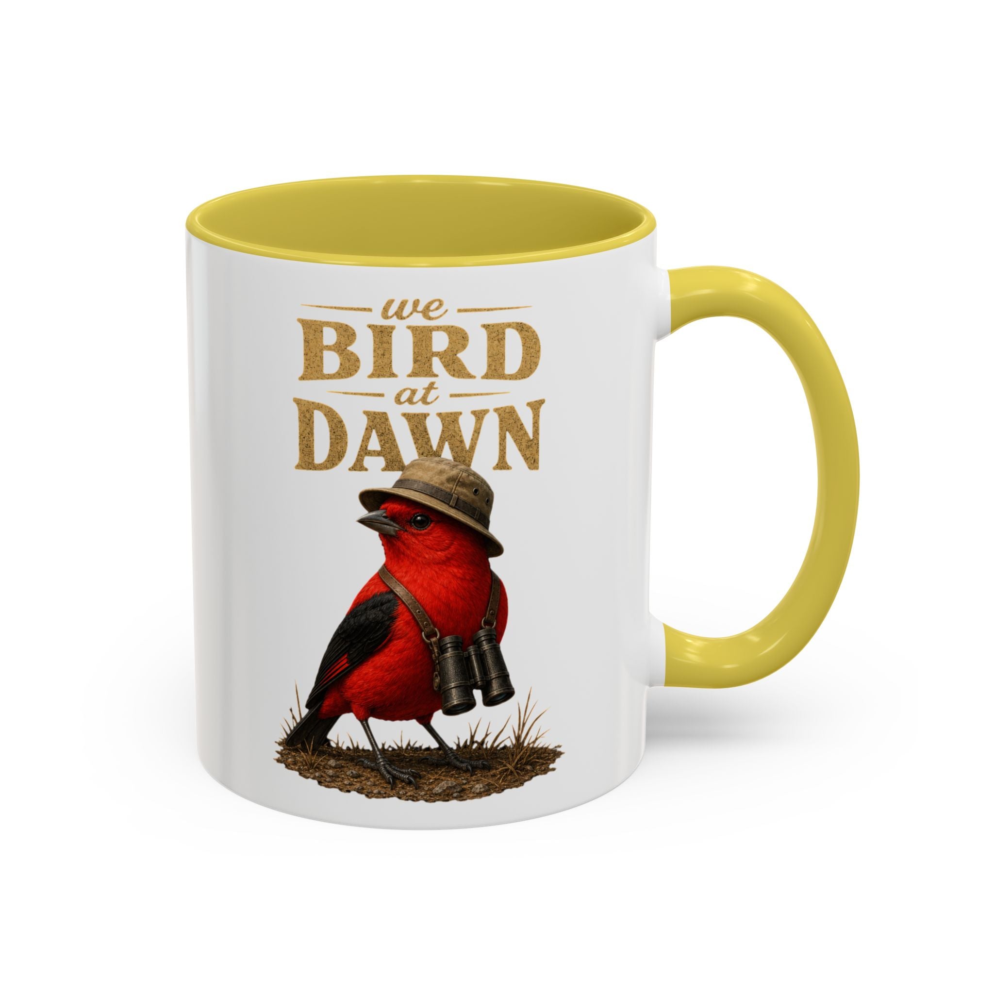 Birdwatcher Coffee Mug — "We Bird at Dawn" Illustrated Scarlet Tanager Mug (11oz/15oz)