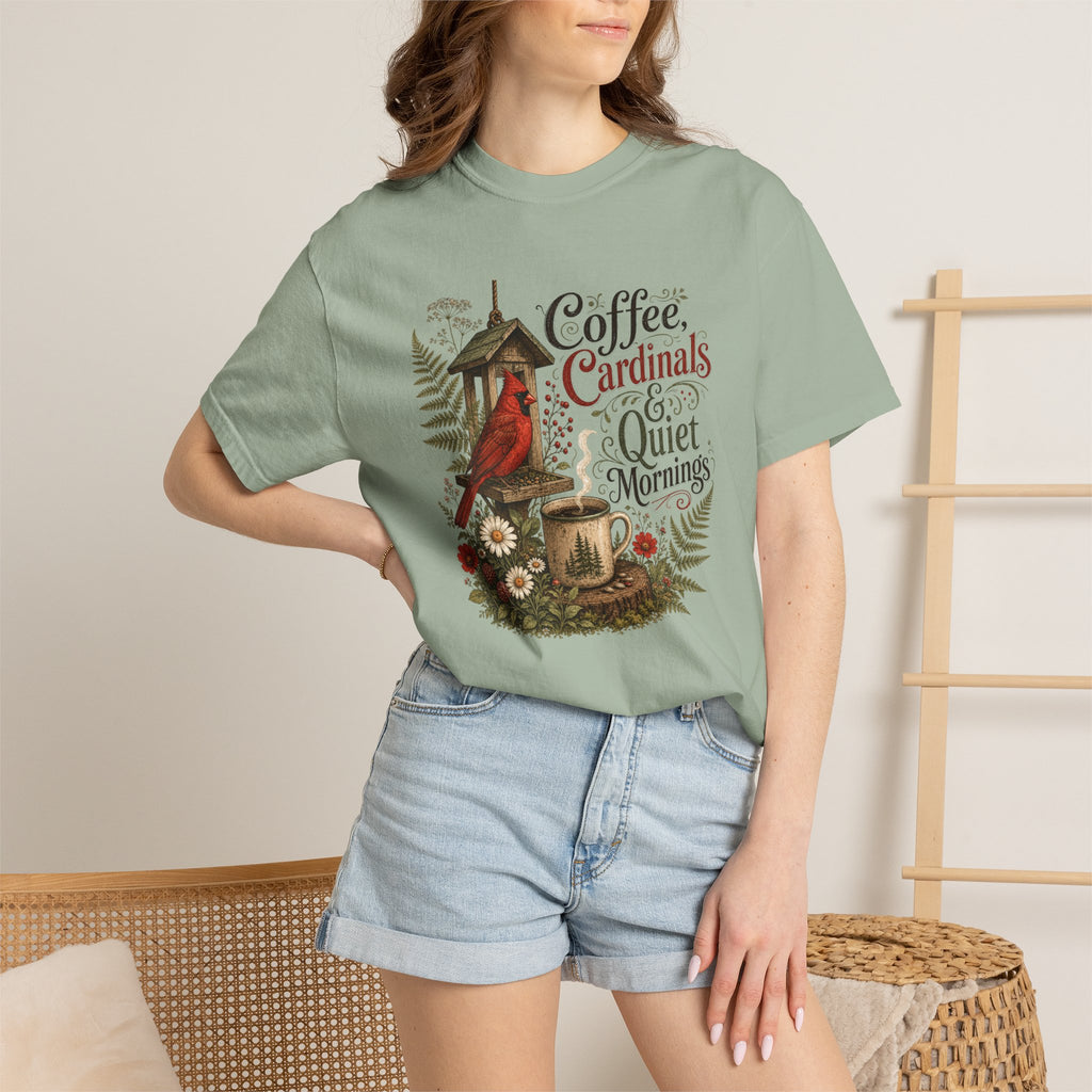 Coffee Cardinal T-Shirt — "Coffee, Cardinal, and Quiet Mornings" Birdwatching Tee