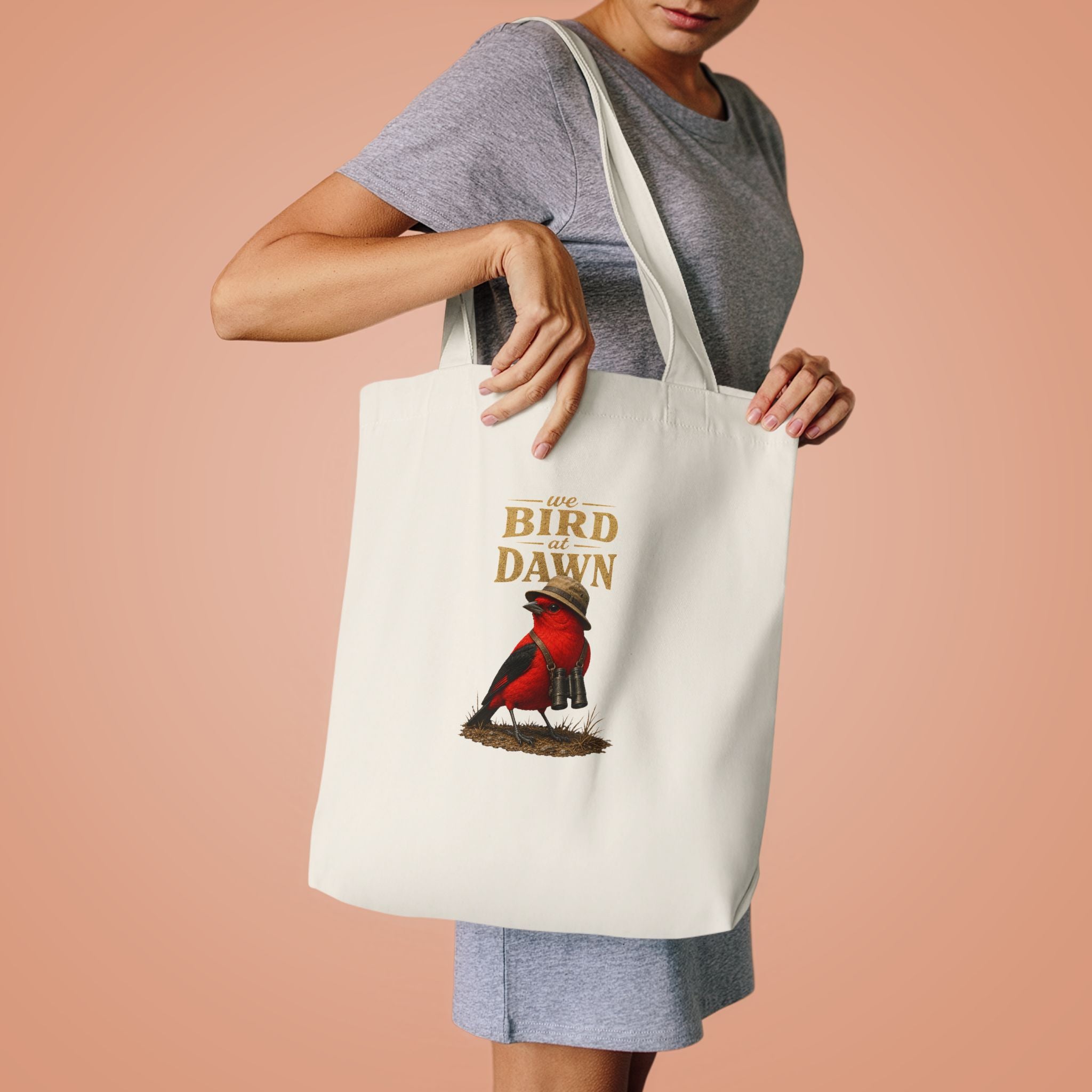 We Bird at Dawn Cotton Tote Bag – Vintage Red Scarlet Tanager Bird Eco Shopper