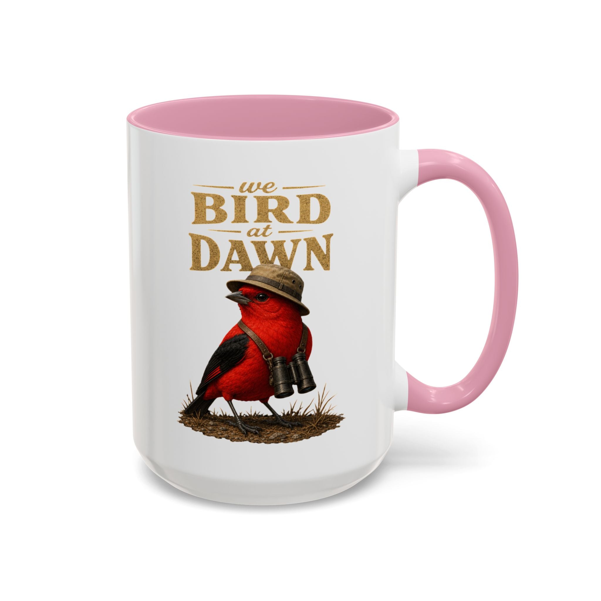 Birdwatcher Coffee Mug — "We Bird at Dawn" Illustrated Scarlet Tanager Mug (11oz/15oz)
