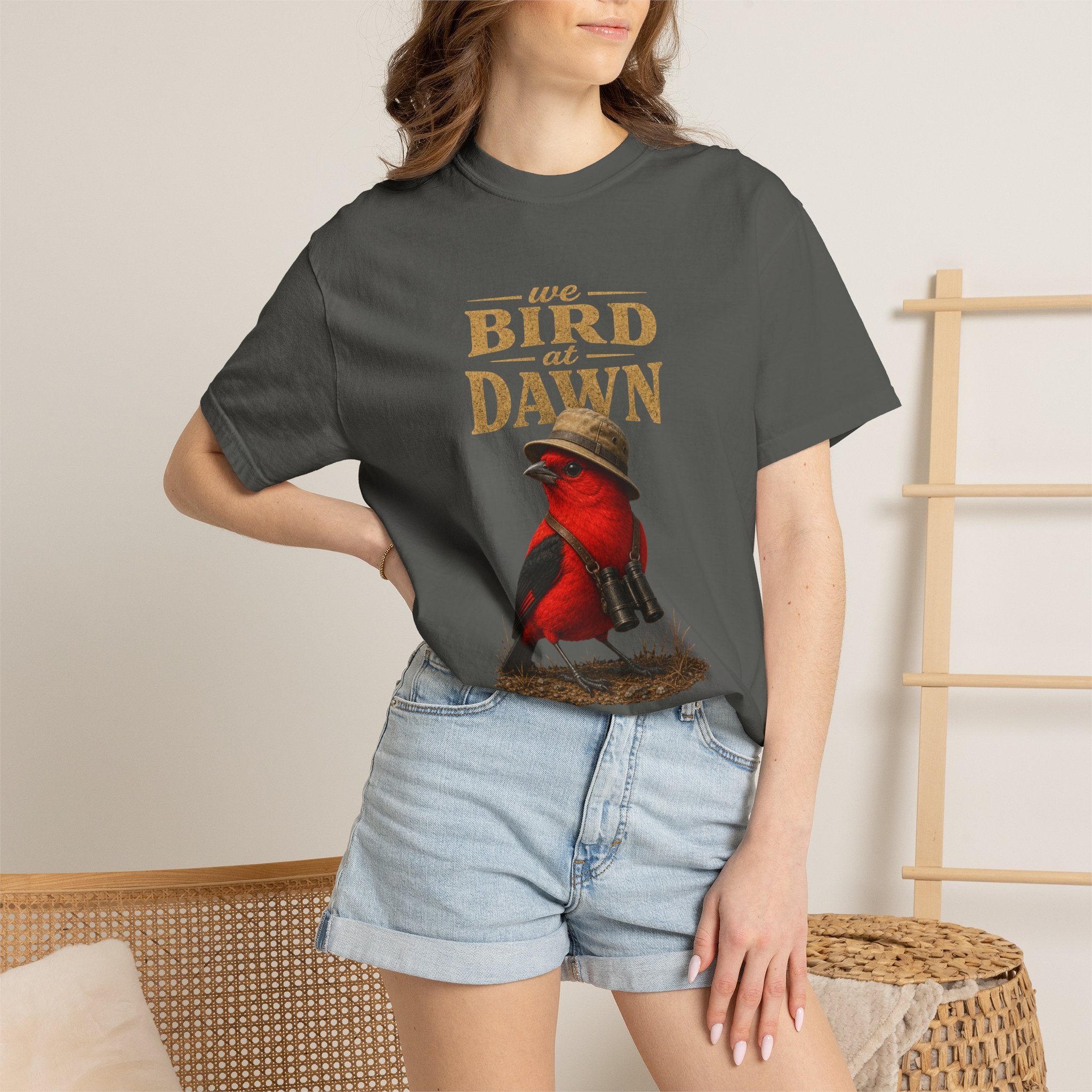 We Bird at Dawn T-Shirt — Vintage Red Scarlet Tanager Bird Graphic Tee