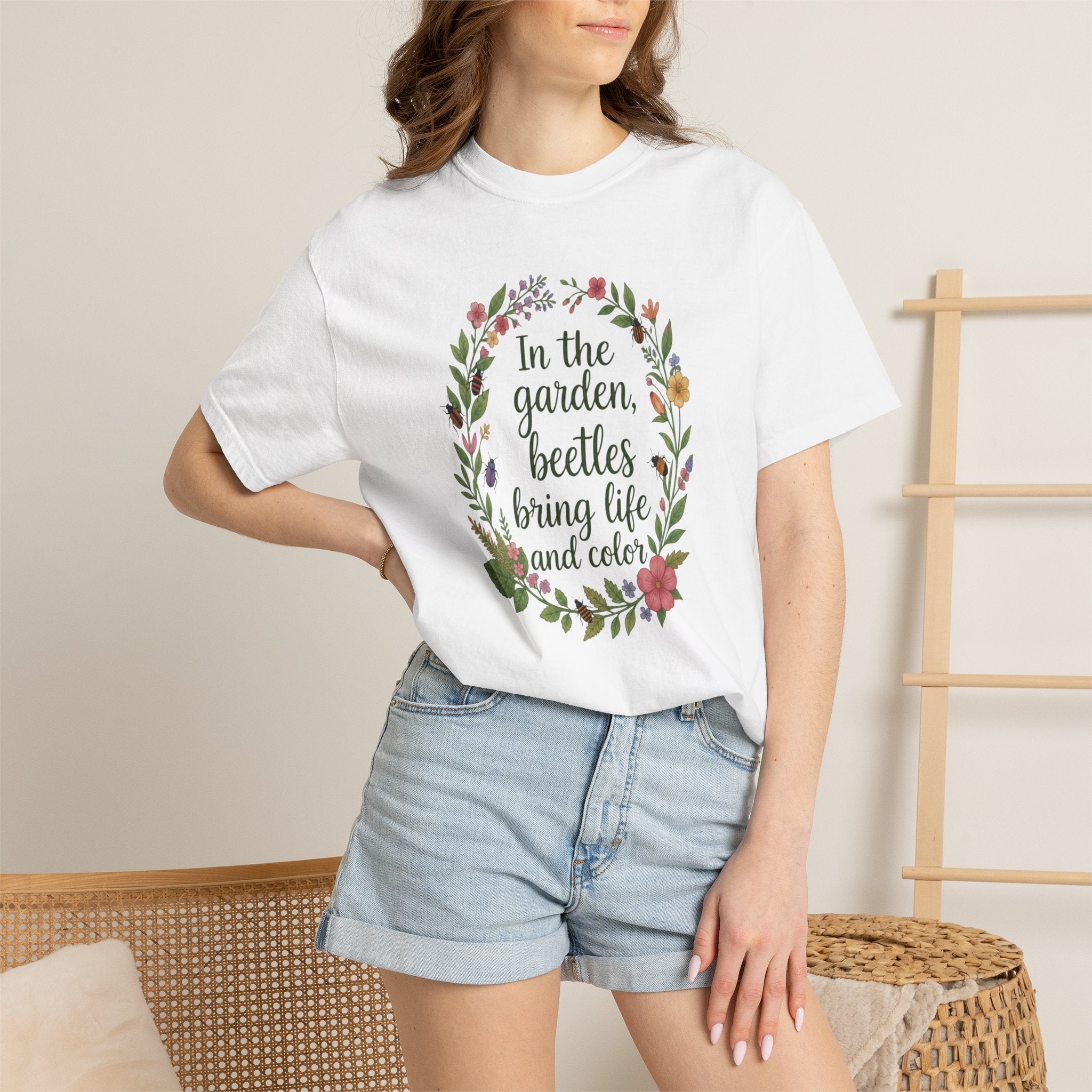 Garden Beetles T-Shirt In the Garden, Beetles Bring Life and Color Floral Wreath Tee