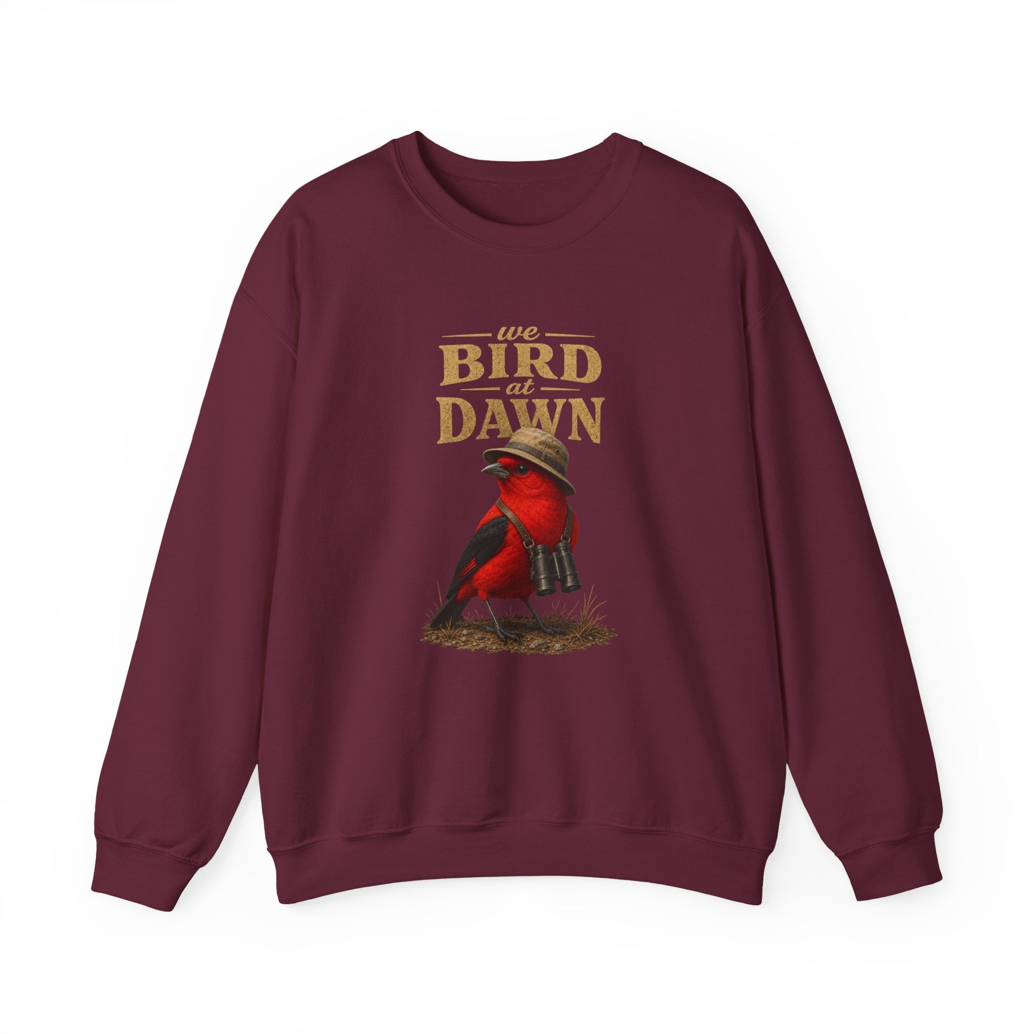 Crewneck Sweatshirt "We Bird at Dawn" — Red Scarlet Tanager Bird Illustration Cozy Pullover