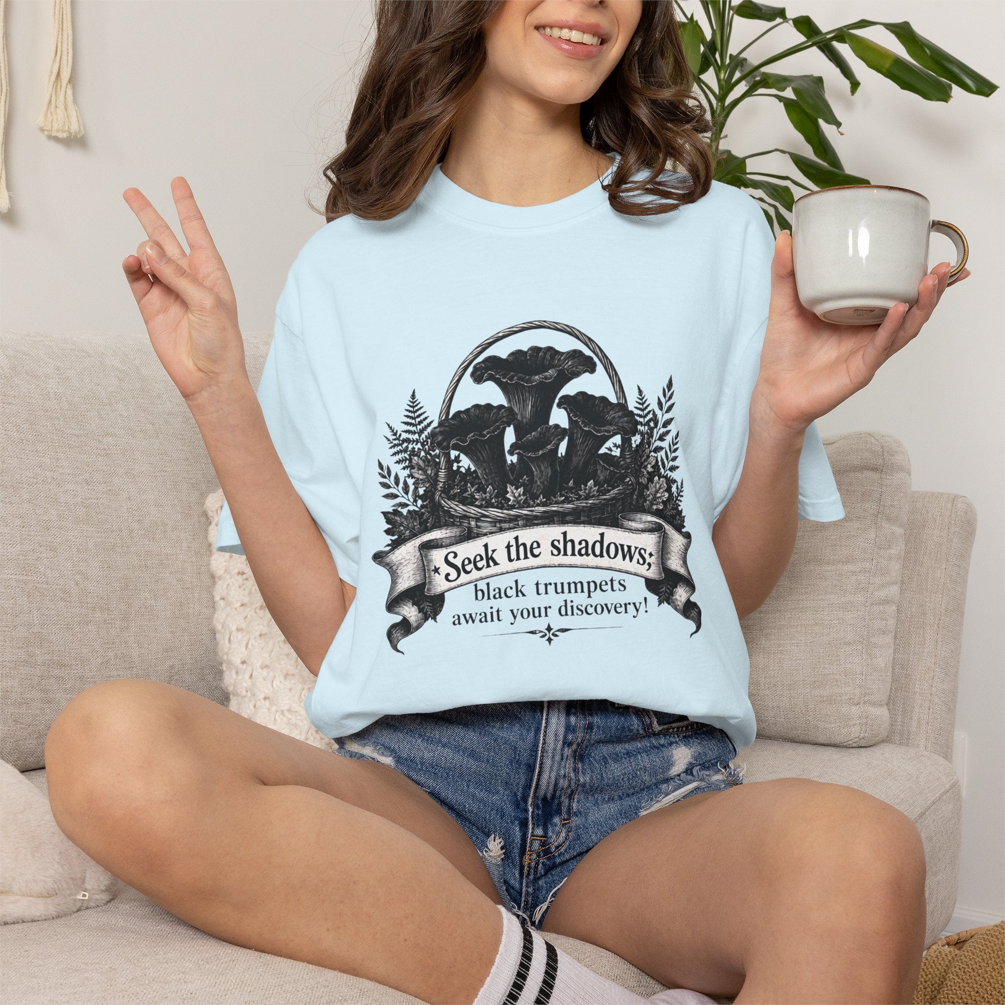 Black Trumpets Mushroom T-Shirt - "Seek the shadows: black trumpets await your discovery" - Foraging & Woodland Tee