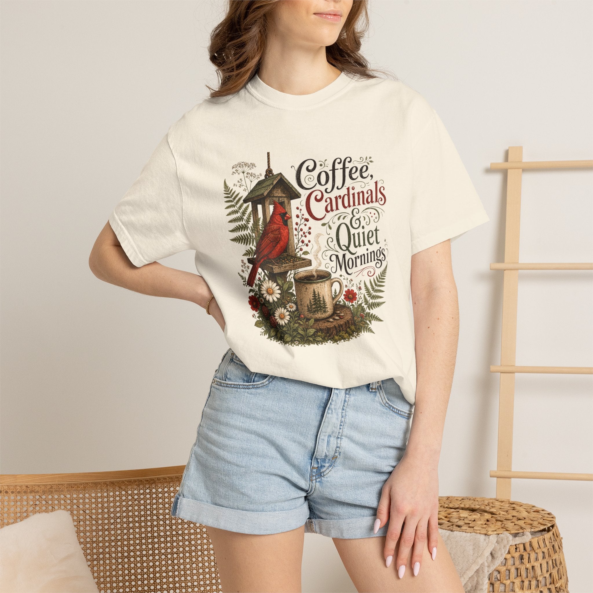 Coffee Cardinal T-Shirt — "Coffee, Cardinal, and Quiet Mornings" Birdwatching Tee