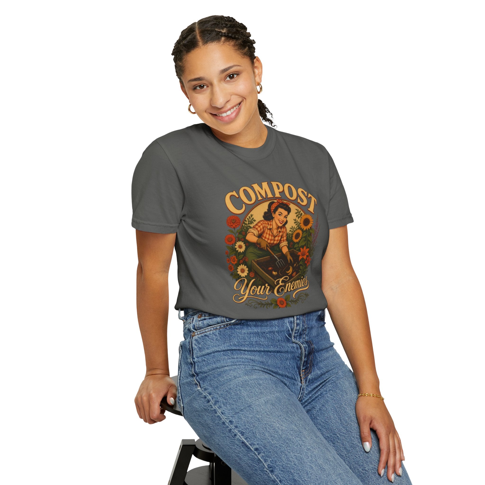 Funny Quote 'Compost Your Enemies' Vintage Gardening Theme Garment-Dyed T-shirt