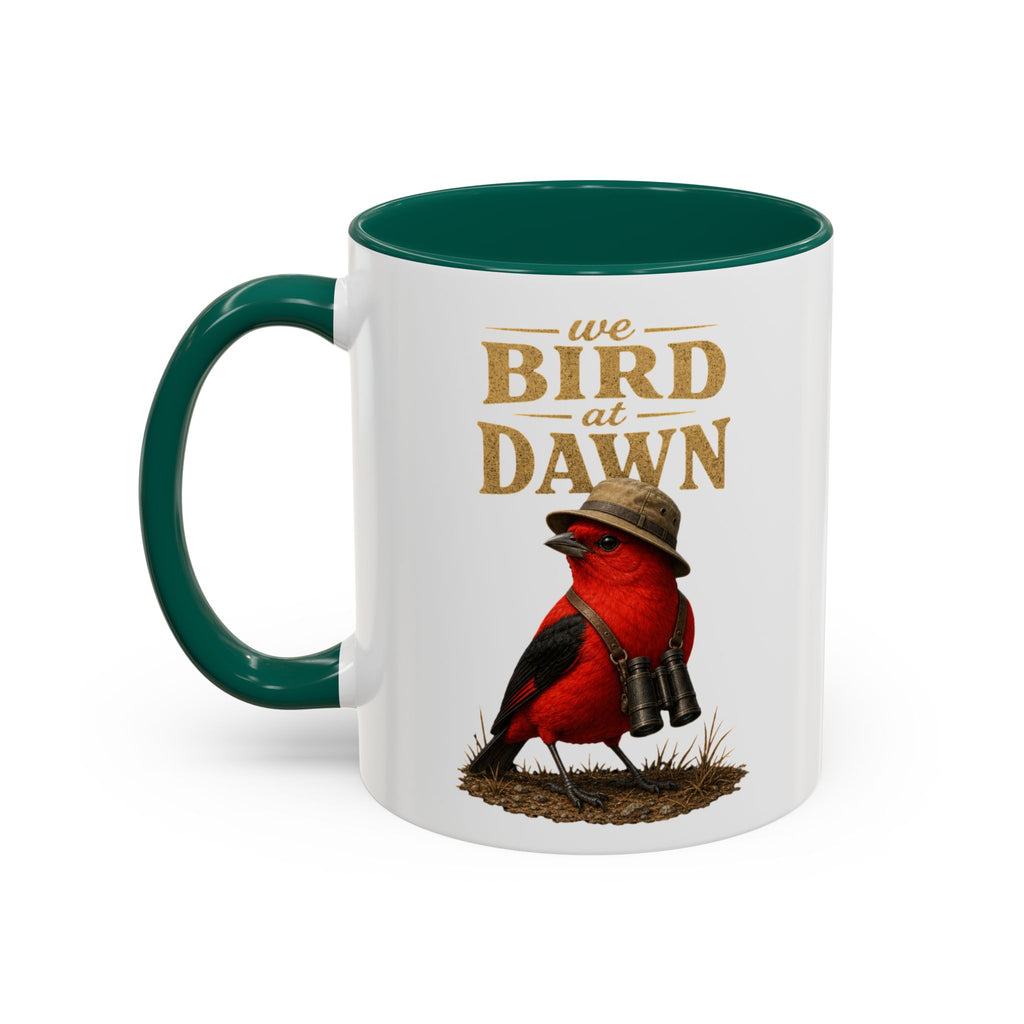 Birdwatcher Coffee Mug — "We Bird at Dawn" Illustrated Scarlet Tanager Mug (11oz/15oz)