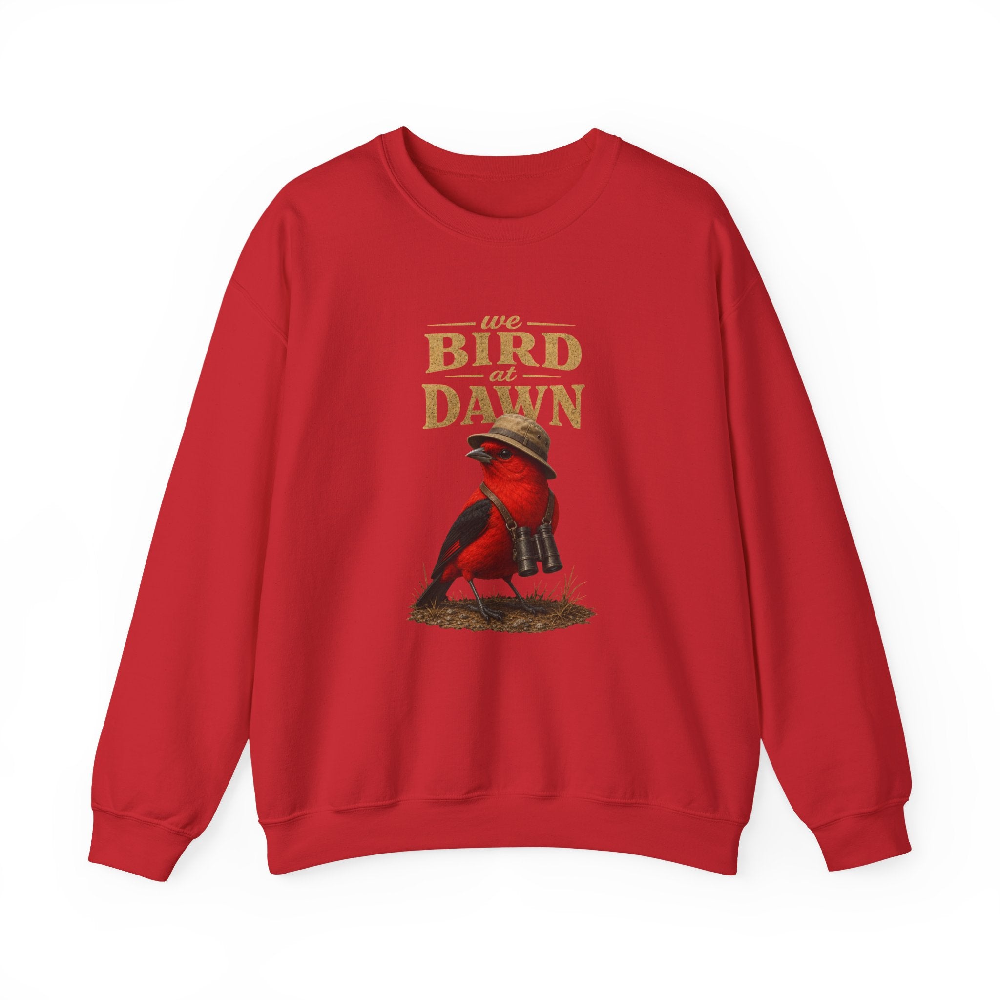 Crewneck Sweatshirt "We Bird at Dawn" — Red Scarlet Tanager Bird Illustration Cozy Pullover