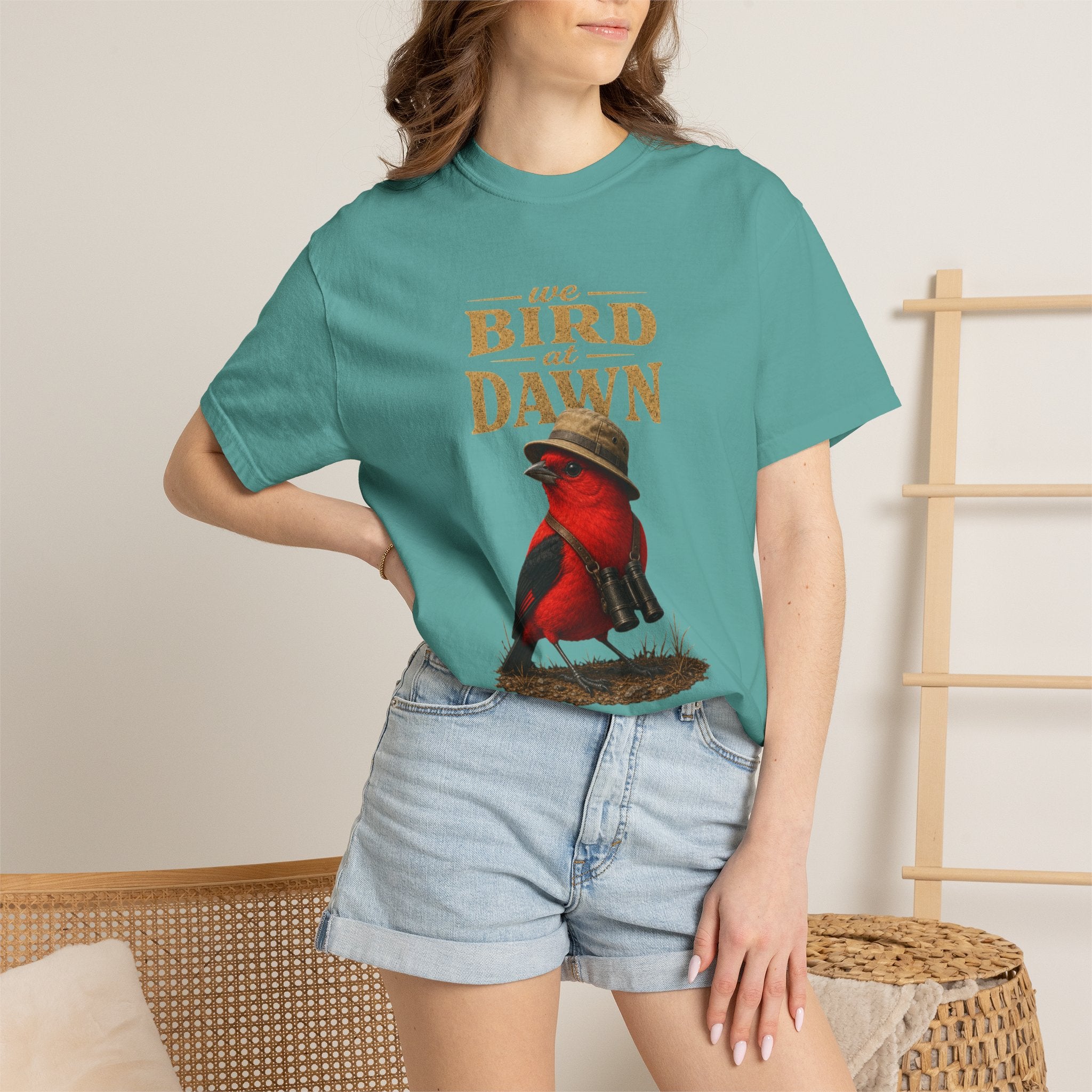 We Bird at Dawn T-Shirt — Vintage Red Scarlet Tanager Bird Graphic Tee