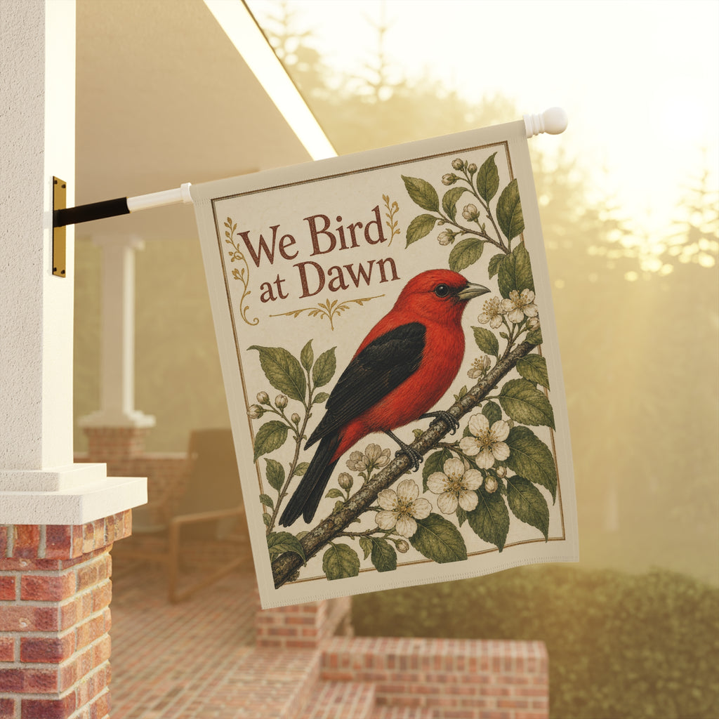 We Bird at Dawn Garden Flag — Scarlet Tanager Birdwatcher Yard Decor