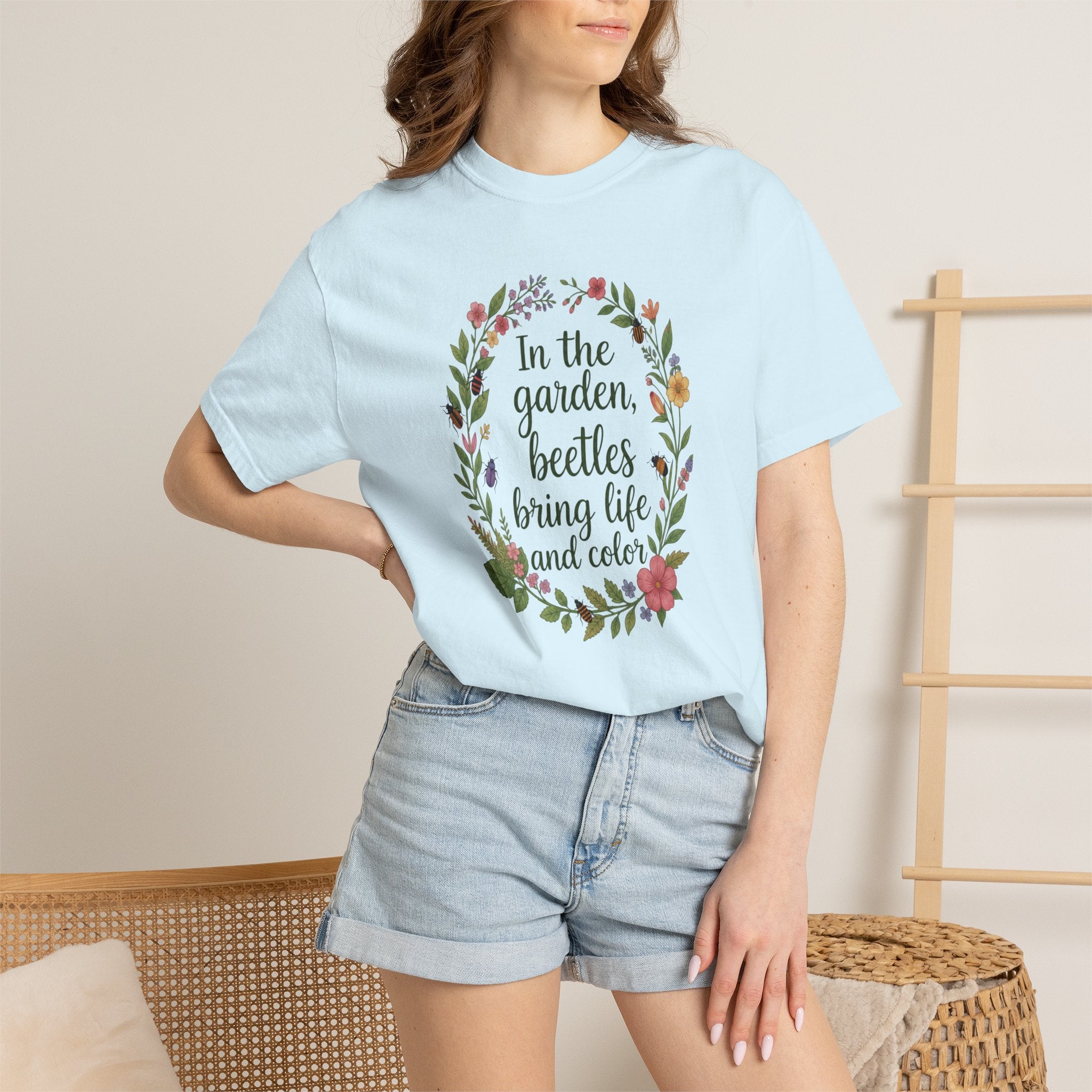 Garden Beetles T-Shirt In the Garden, Beetles Bring Life and Color Floral Wreath Tee