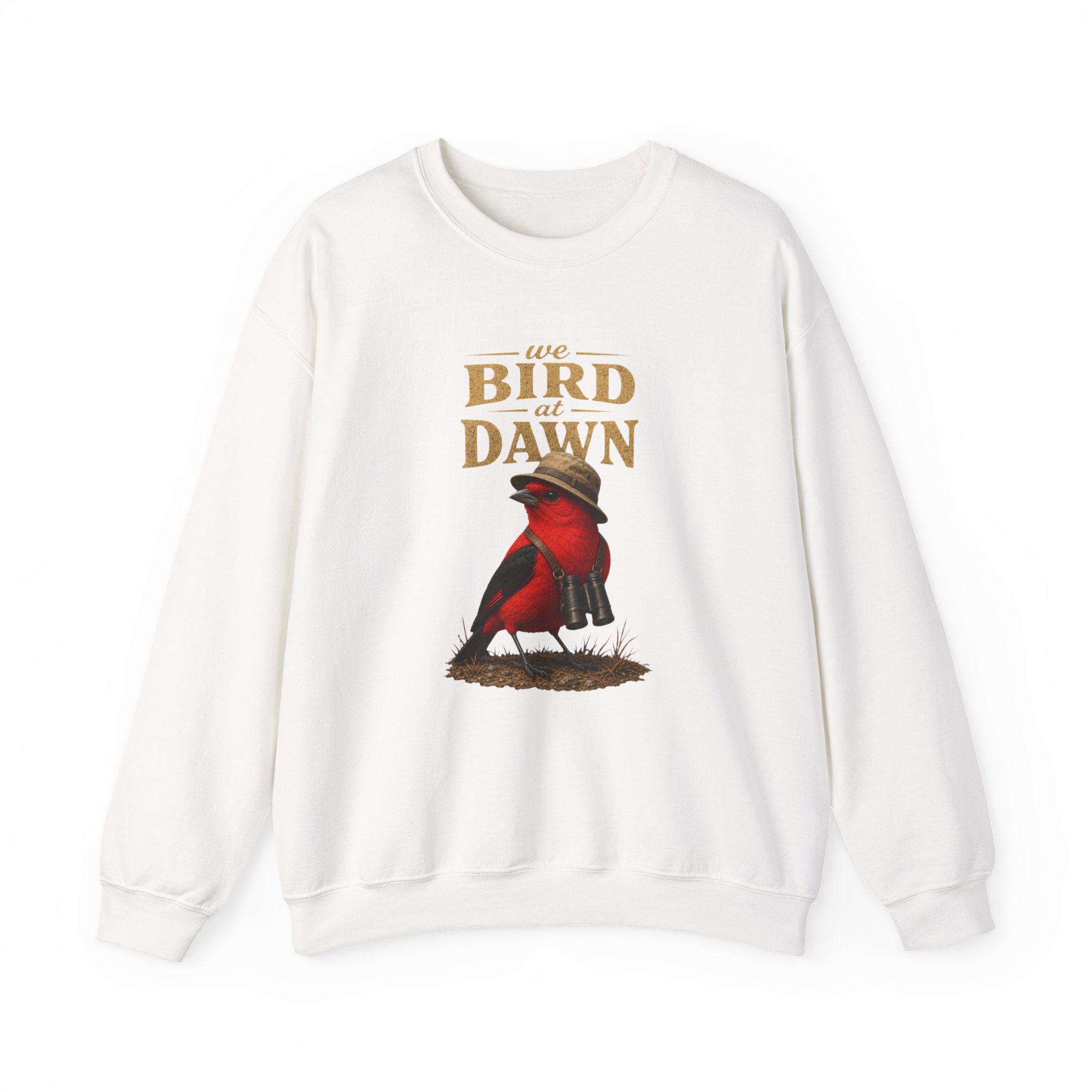 Crewneck Sweatshirt "We Bird at Dawn" — Red Scarlet Tanager Bird Illustration Cozy Pullover