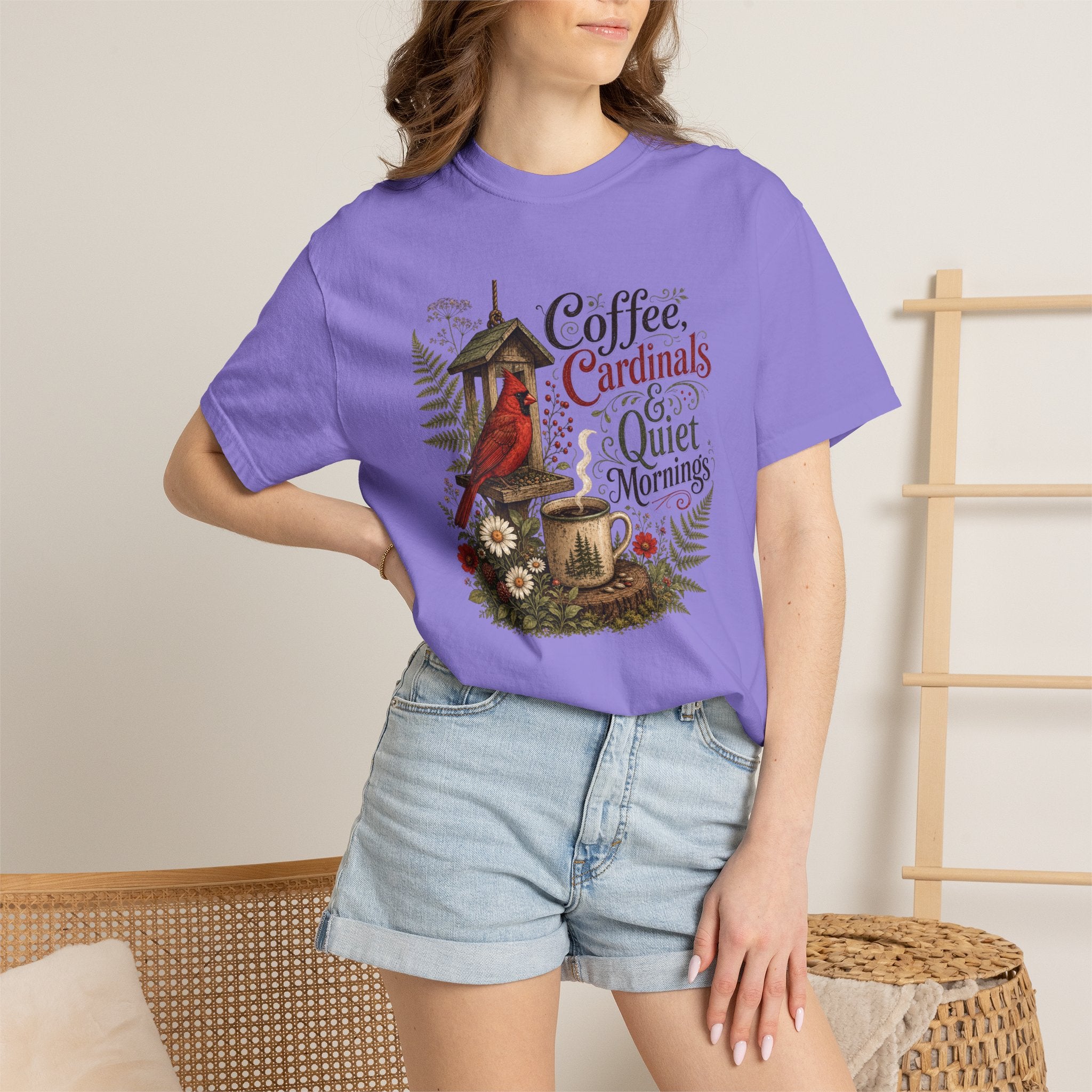 Coffee Cardinal T-Shirt — "Coffee, Cardinal, and Quiet Mornings" Birdwatching Tee