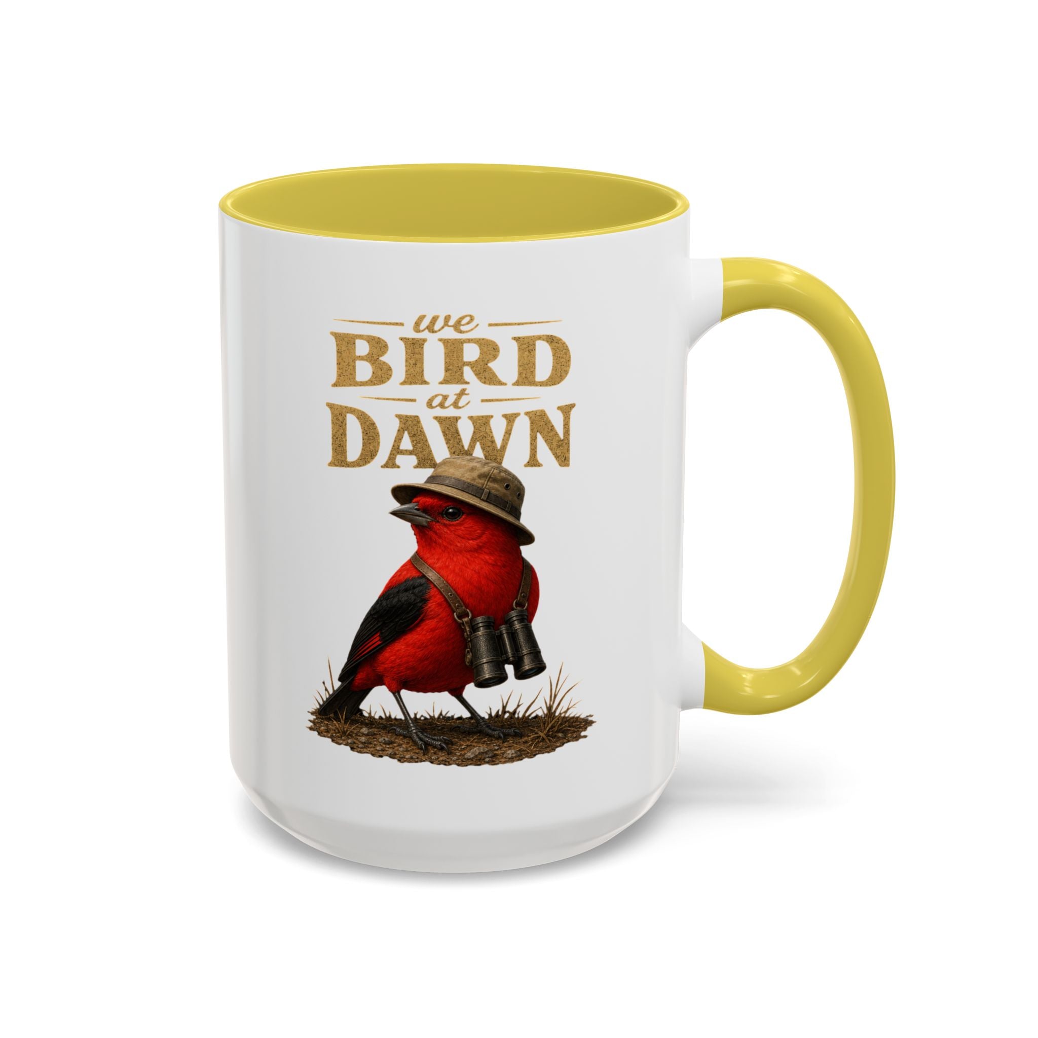 Birdwatcher Coffee Mug — "We Bird at Dawn" Illustrated Scarlet Tanager Mug (11oz/15oz)