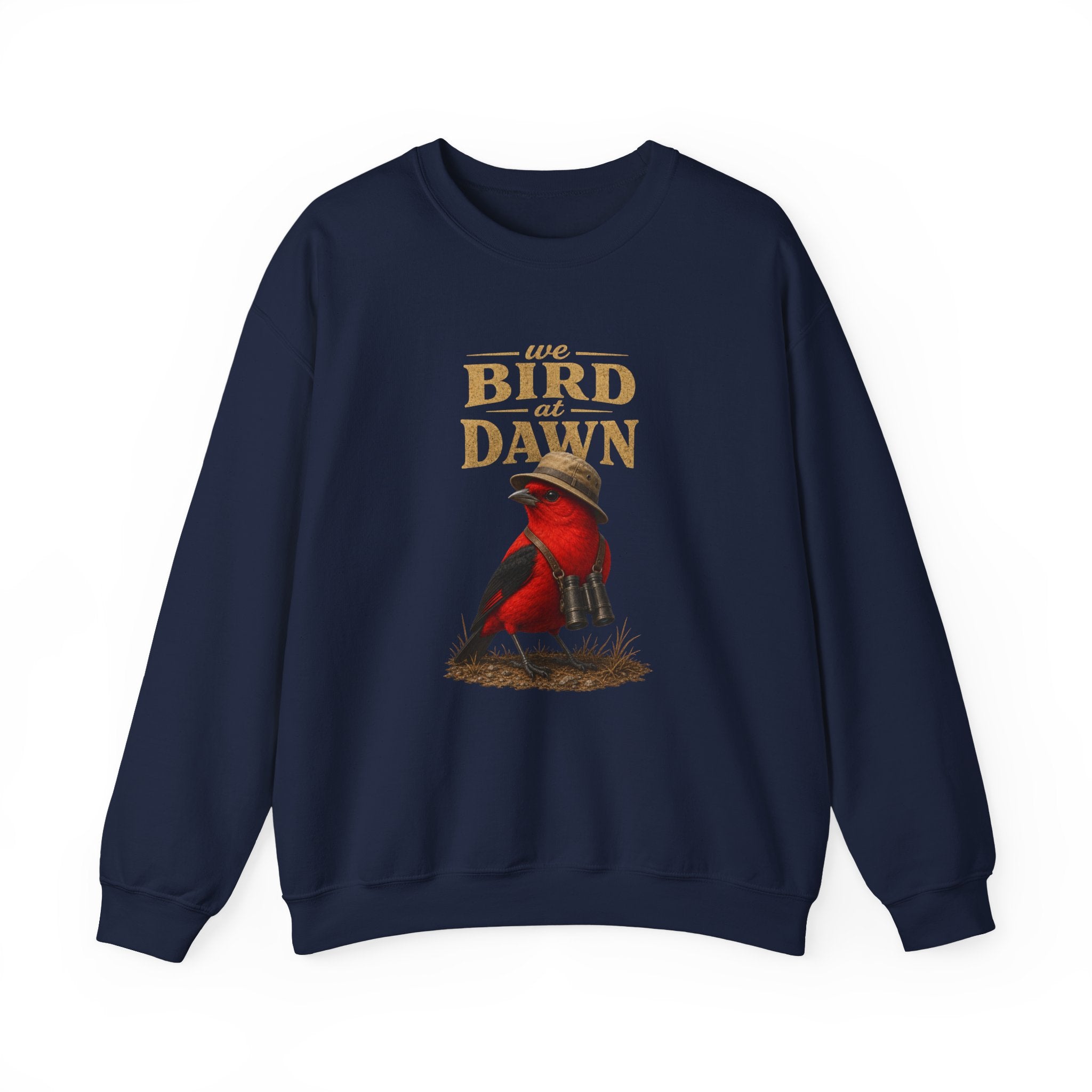 Crewneck Sweatshirt "We Bird at Dawn" — Red Scarlet Tanager Bird Illustration Cozy Pullover