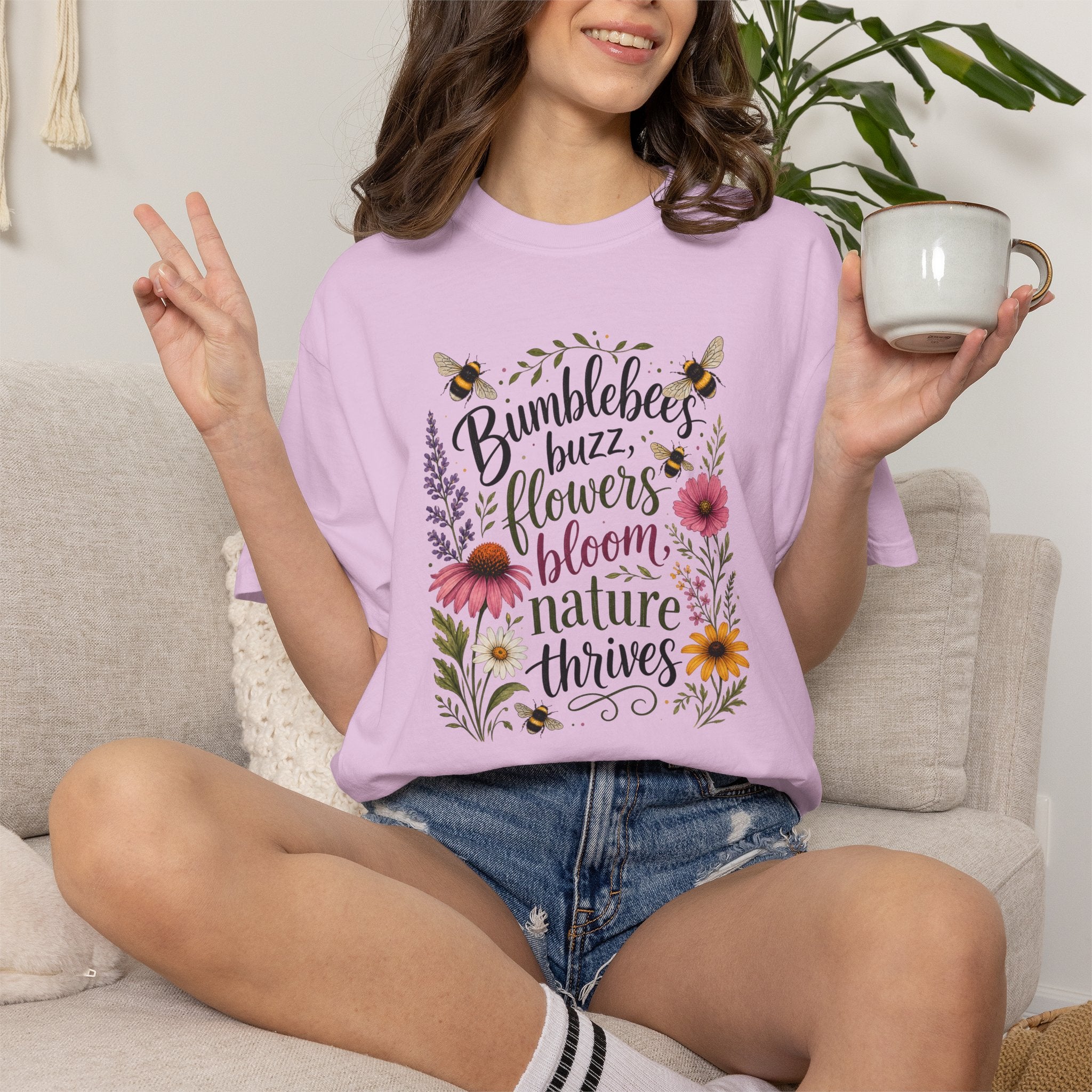 Bumblebees Buzz Flowers Bloom Nature Thrives T-Shirt Garden Tee