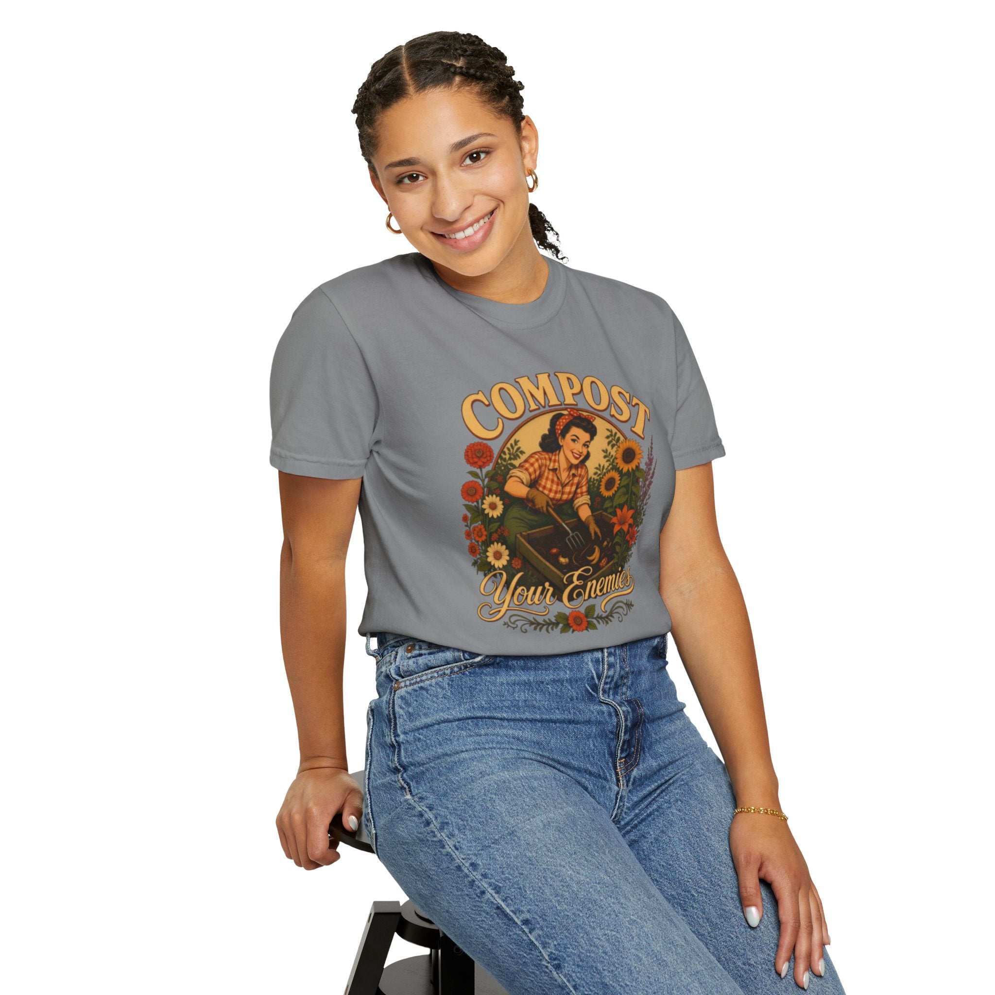 Funny Quote 'Compost Your Enemies' Vintage Gardening Theme Garment-Dyed T-shirt