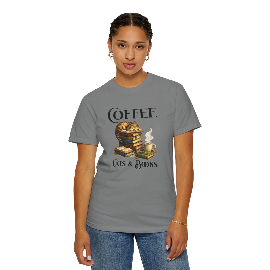 Coffee, Cats & Books T-Shirt — Cozy Booklover Tee