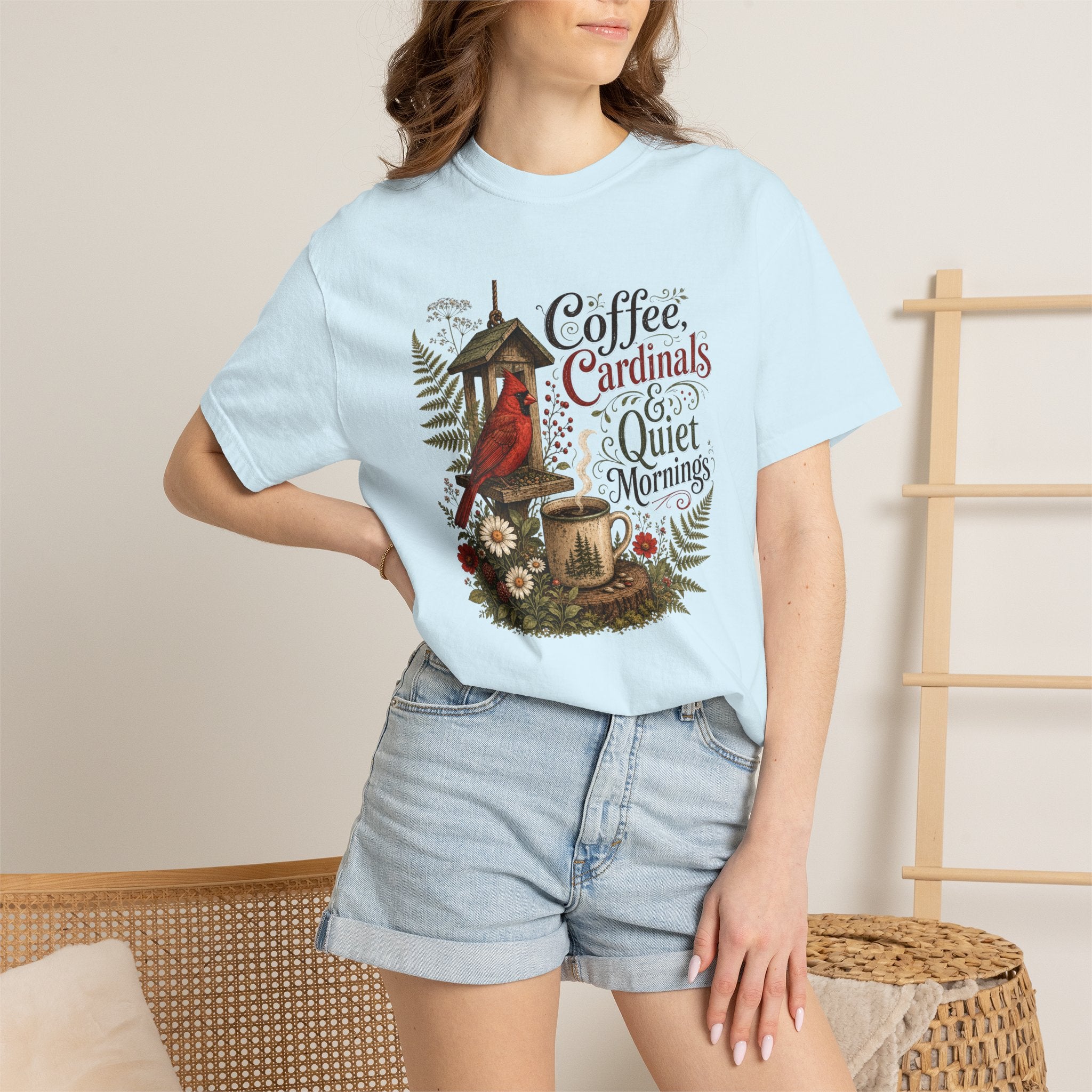 Coffee Cardinal T-Shirt — "Coffee, Cardinal, and Quiet Mornings" Birdwatching Tee