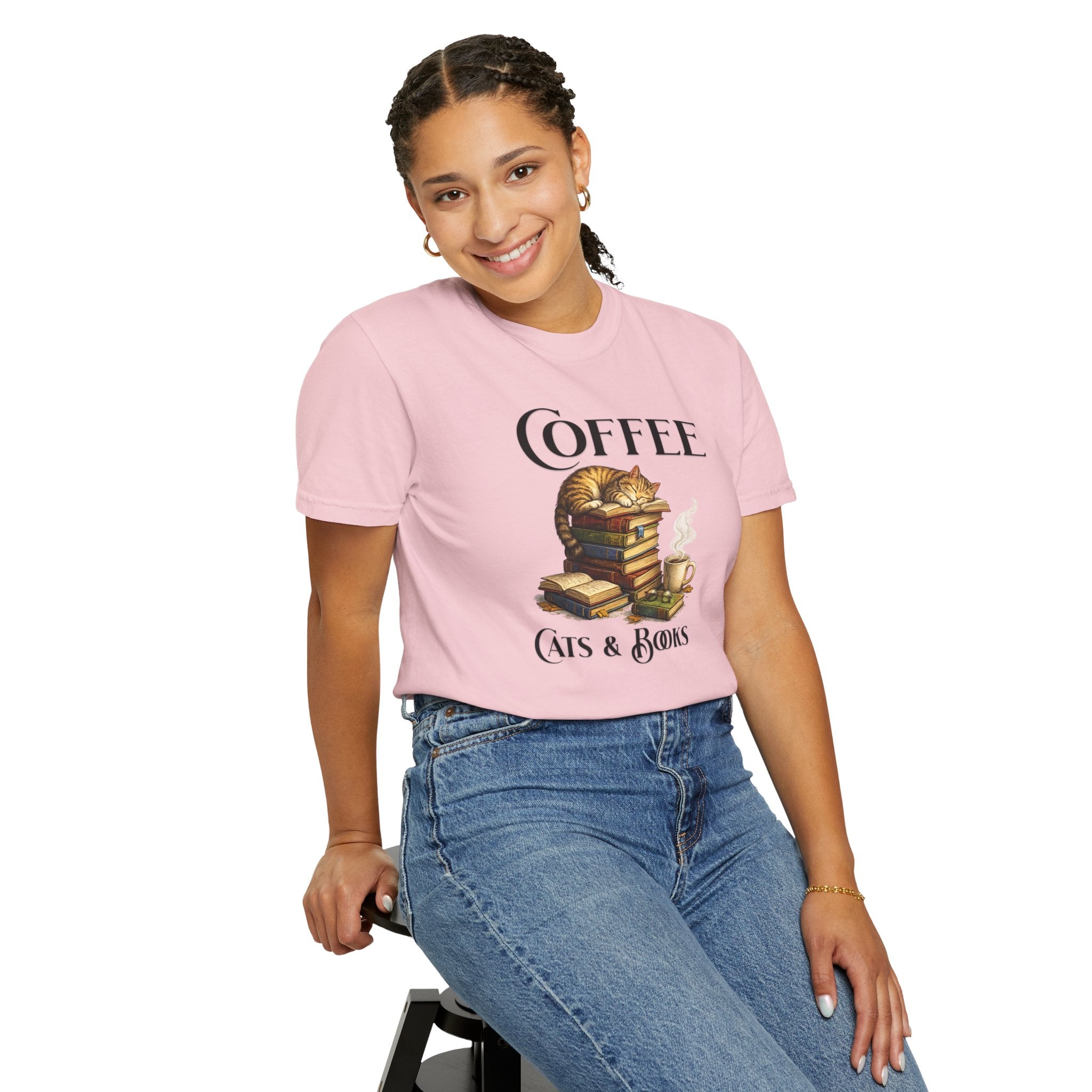 Coffee, Cats & Books T-Shirt — Cozy Booklover Tee