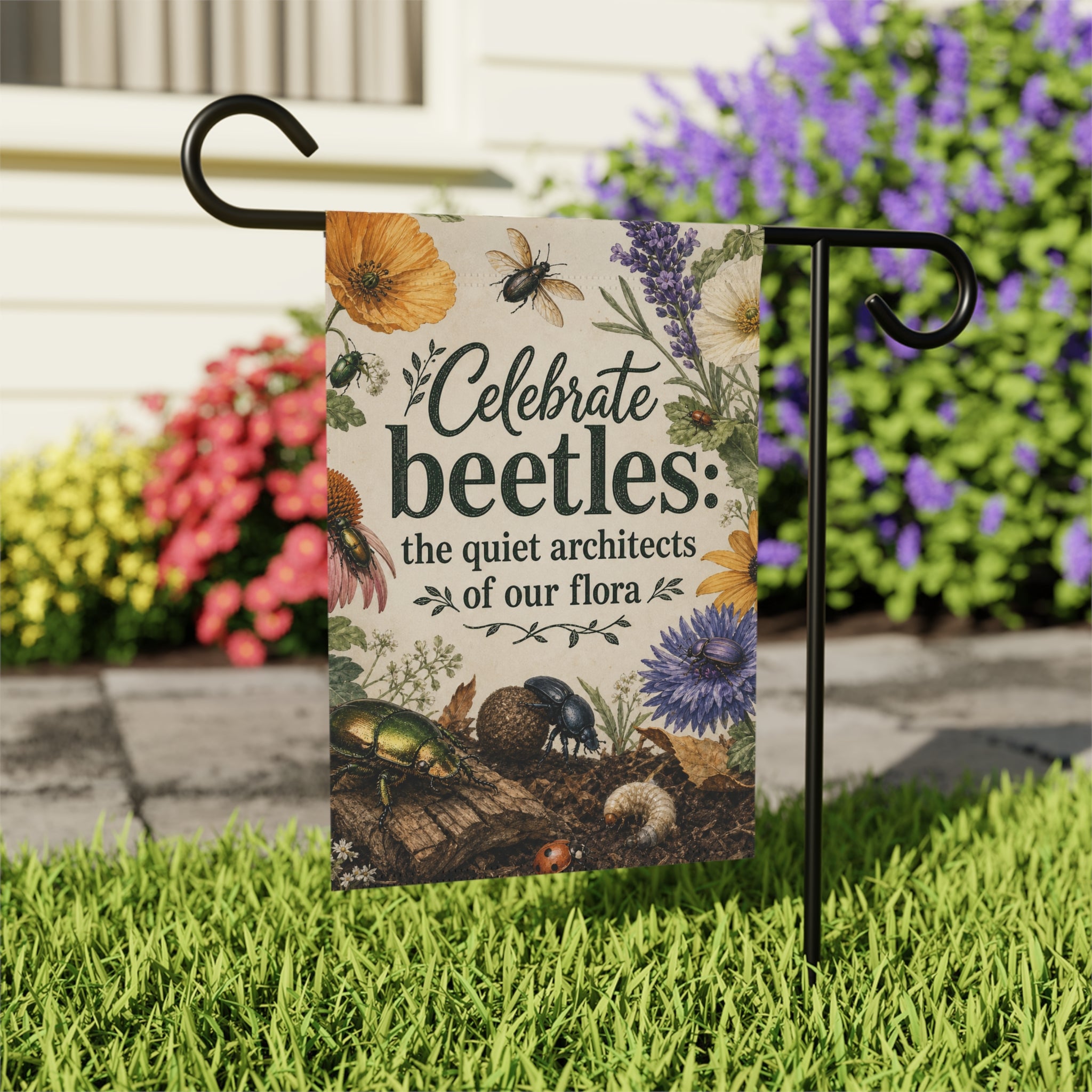 Celebrate Beetles The Quiet Architects of our Flora Garden Flag — Floral Insect Decor for Garden & Yard