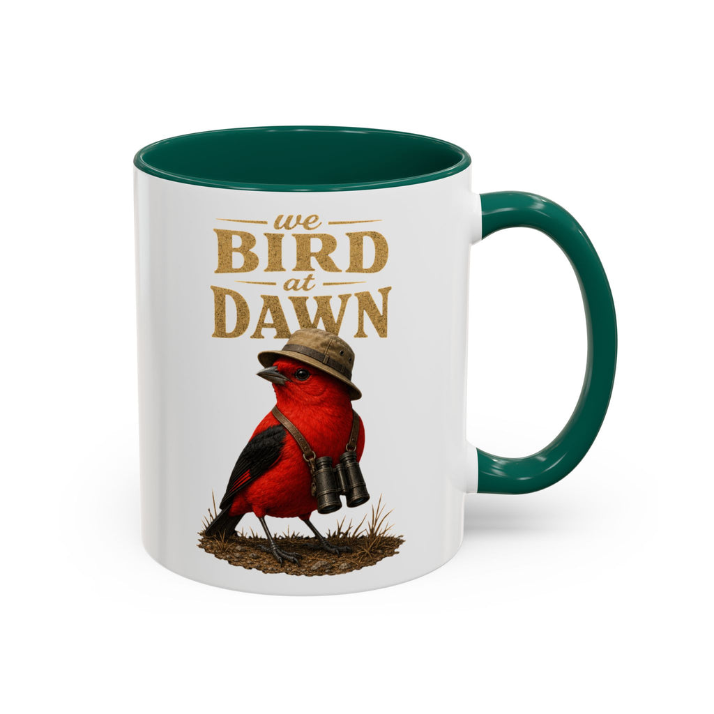 Birdwatcher Coffee Mug — "We Bird at Dawn" Illustrated Scarlet Tanager Mug (11oz/15oz)