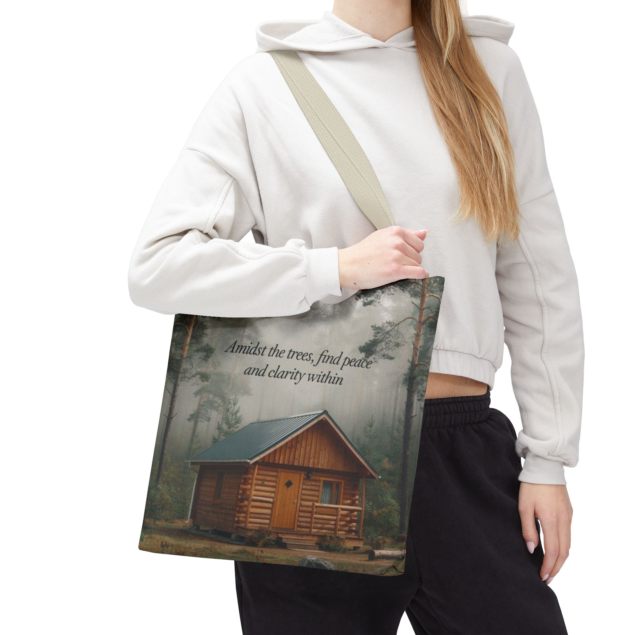 Cabin in the Woods Tote Bag — "Amidst the trees, find peace and clarity within" Nature Canvas Tote